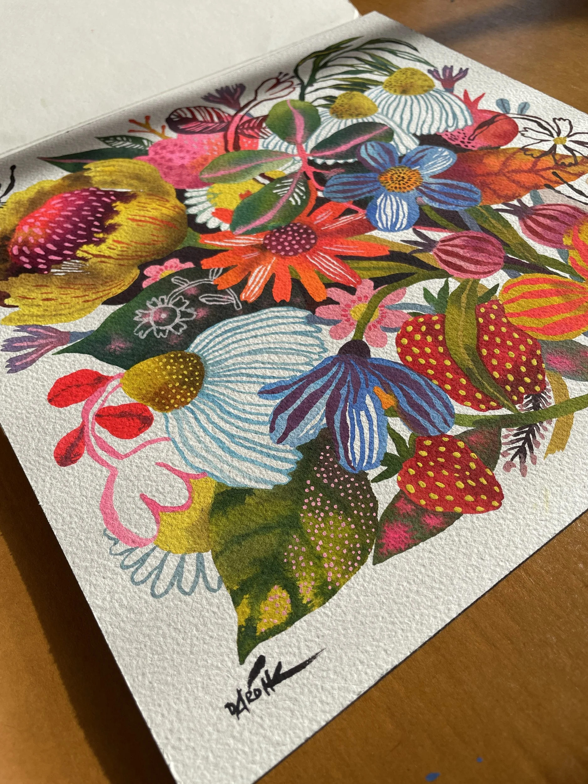 Bold gouache floral painting with striped petals, berries and leaves in vivid colors on watercolor paper