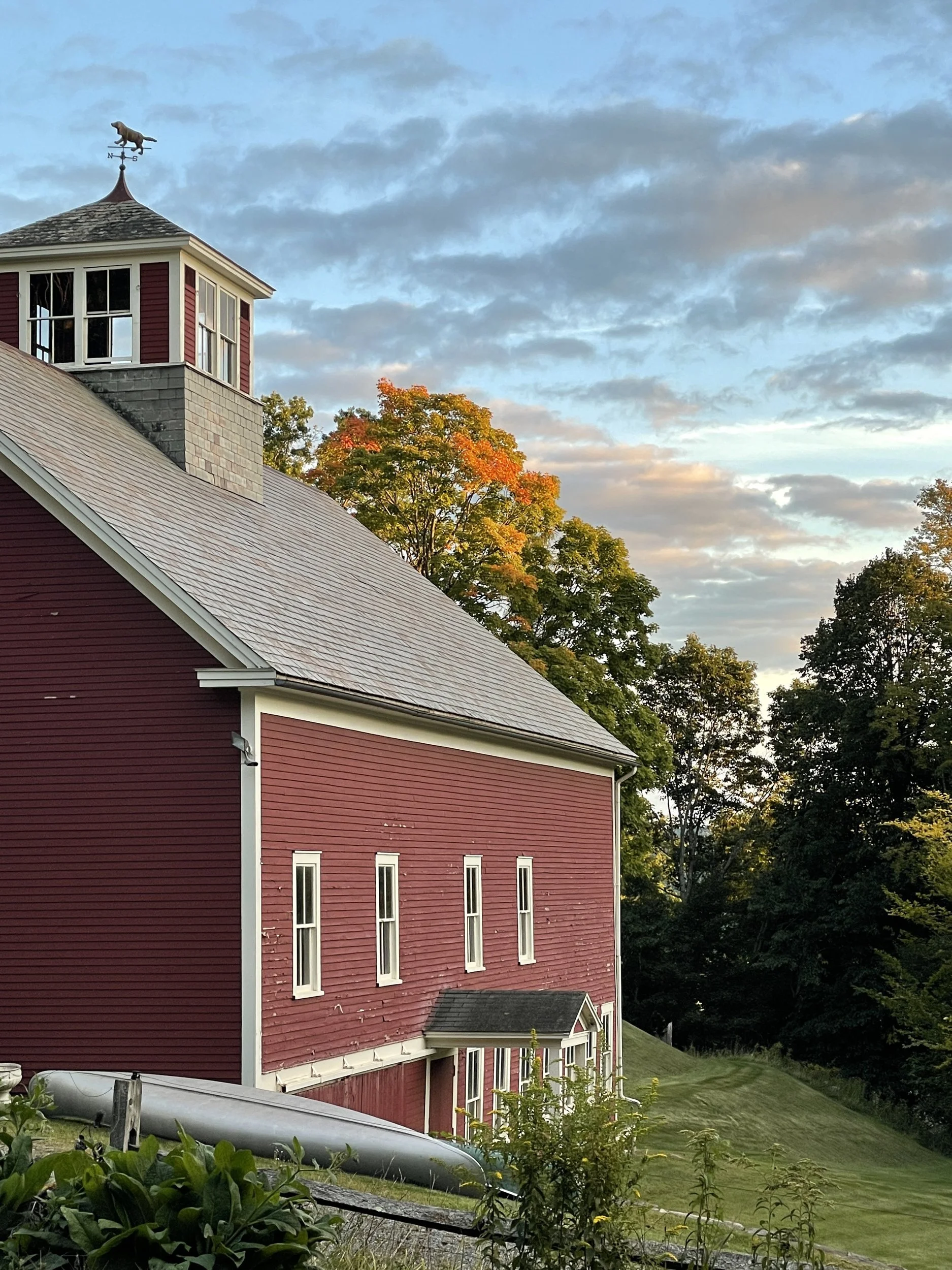 Red barn with cupola and dog weathervane at evening beside a maple turning orange