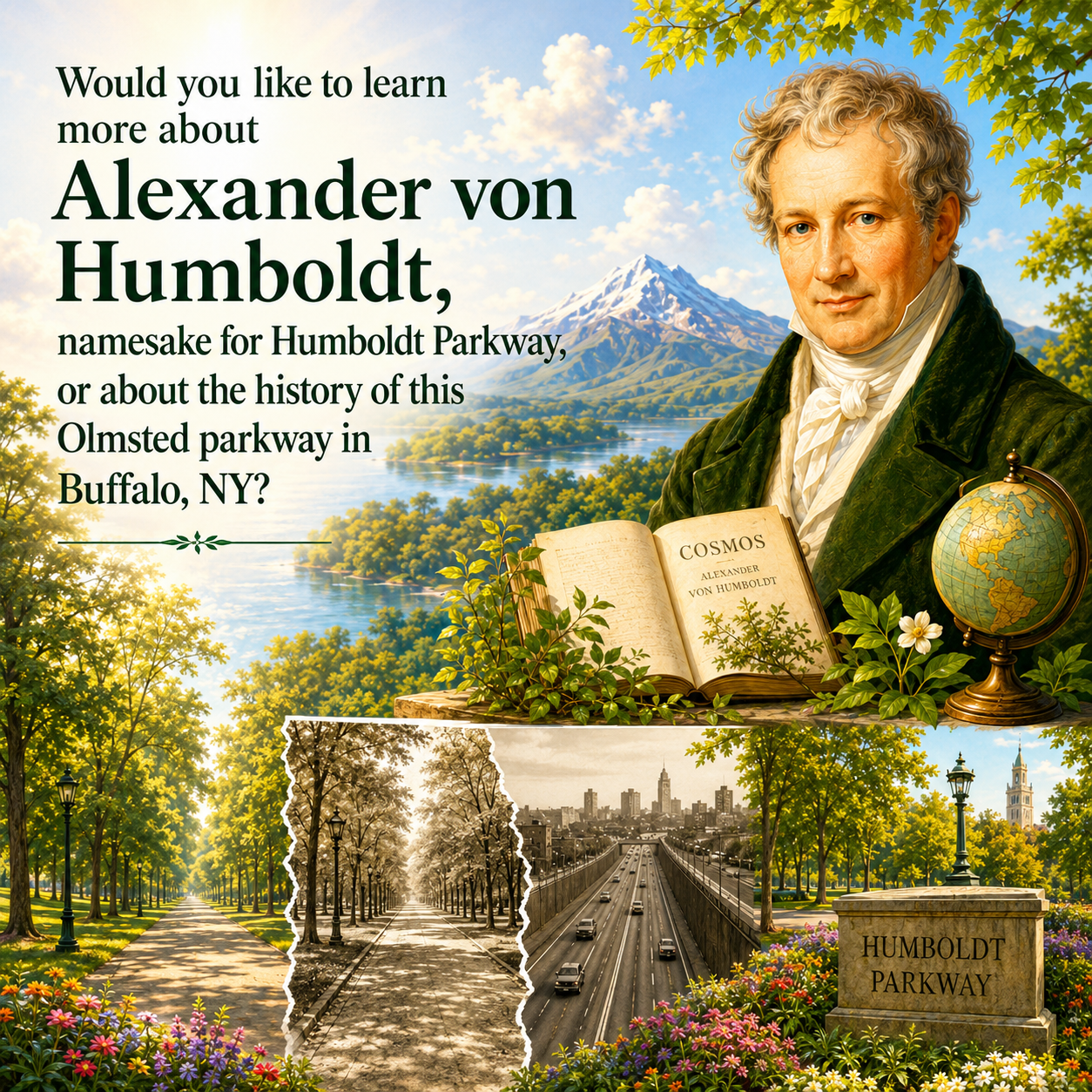 Promotional poster with a scenic background of a twin-peaked mountain, lake, and green trees. It features a portrait of Alexander von Humboldt holding an open book titled 'Cosmos,' a globe, and text asking if viewers want to learn about Humboldt or the history of Humboldt Parkway in Buffalo, NY. The poster also includes black and white photos of a parkway and highway with trees and flowers, and a sign reading 'Humboldt Parkway'.