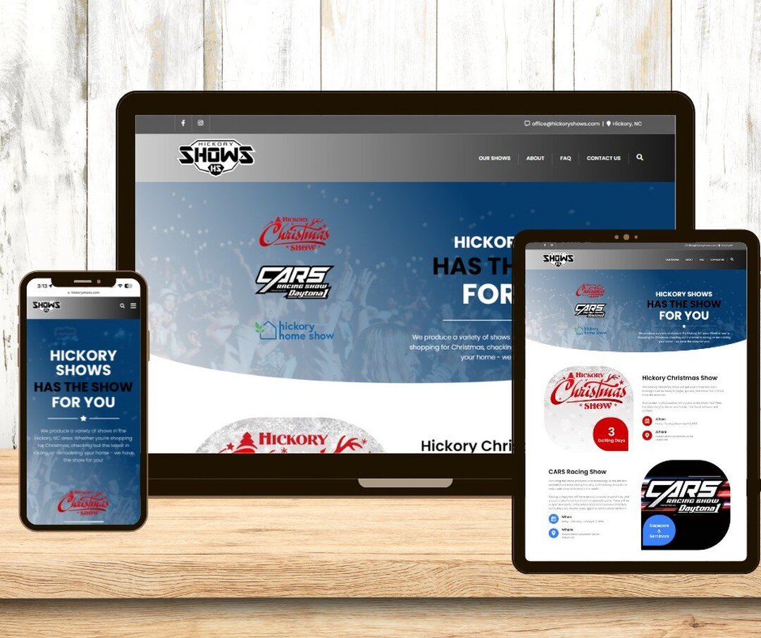 We're so happy to reveal the website for @hickoryshows! If you haven't heard, Hickory Shows is the producer of the @hickorychristmasshow, @hickoryhomeshow, and @carsracingshow - all of which Winning Edge Studios did web design for!
