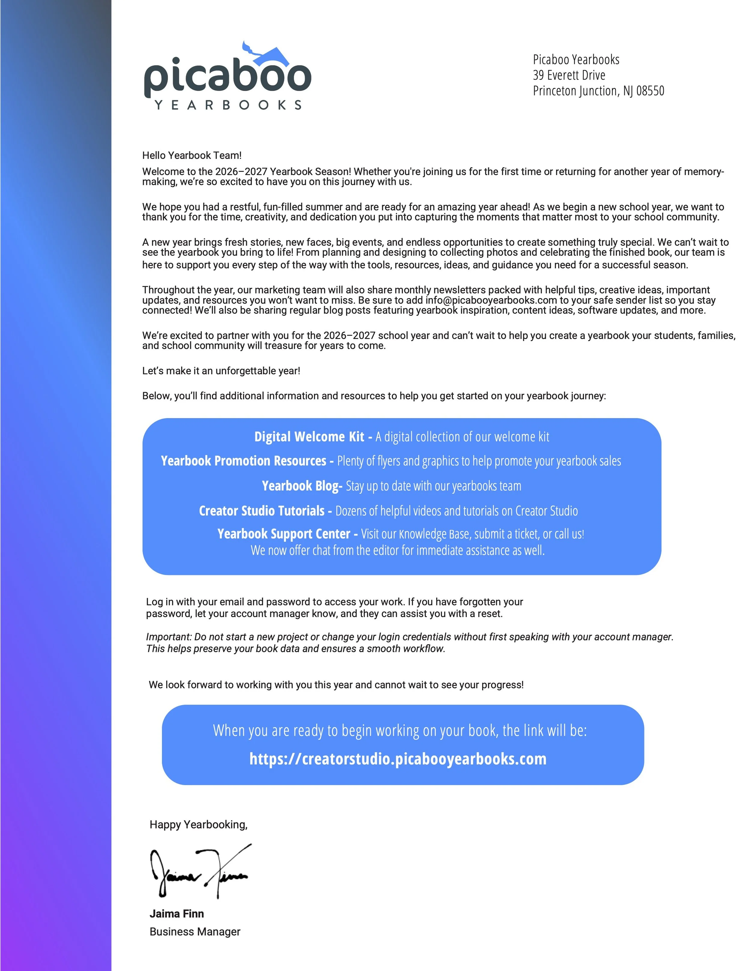 Letter from Picaboo Yearbooks welcoming students to the 2025-2026 yearbook season, including information about resources, support, and a link to begin working on their yearbook.