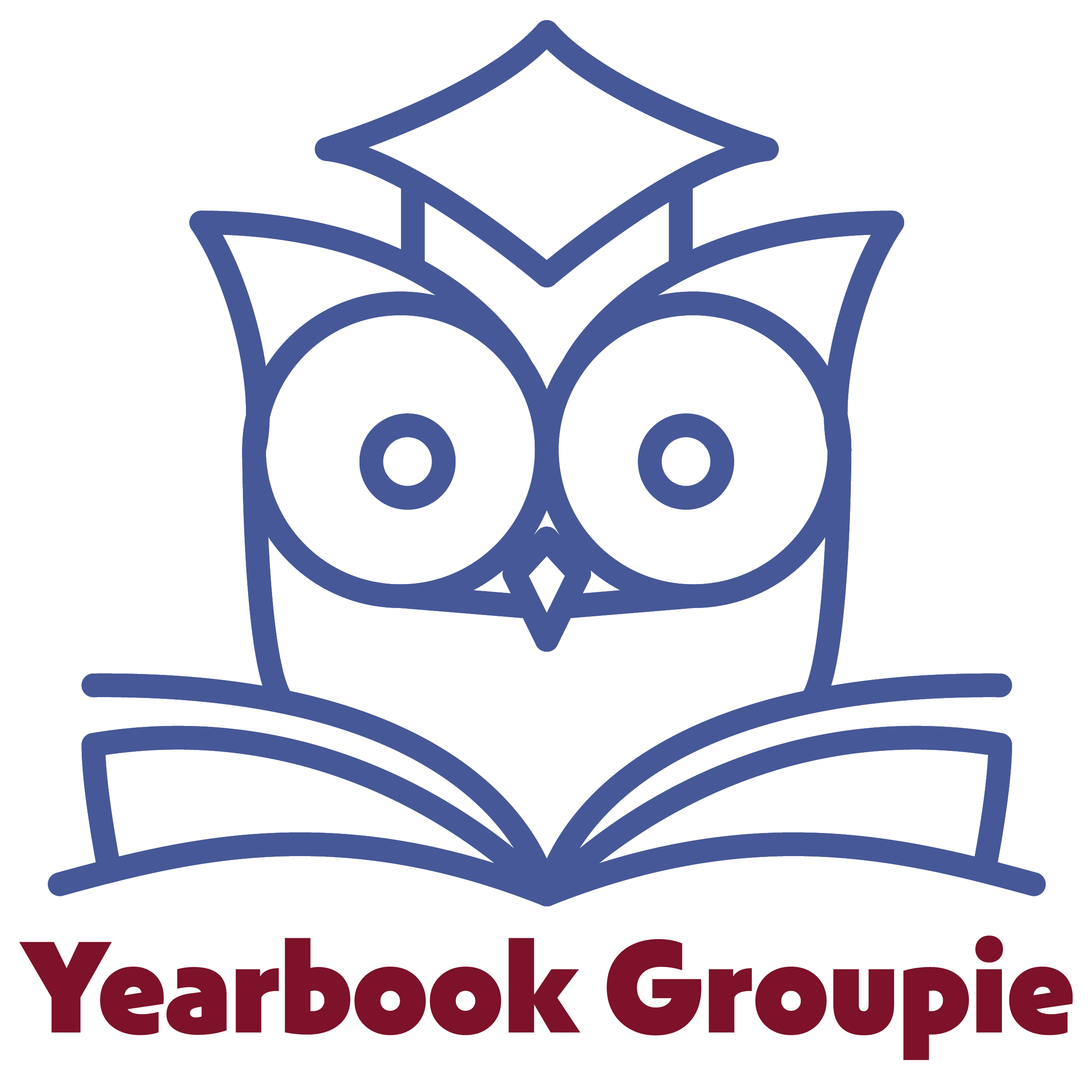 Logo of Yearbook Groupie featuring a stylized owl with glasses holding a yearbook.