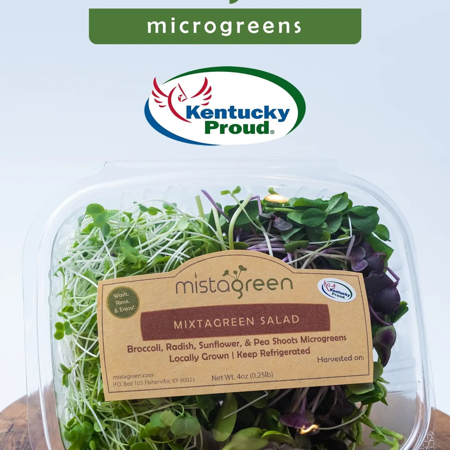 BIG NEWS! We're excited to announce that MistaGreen is now #kentuckyproud ! PLUS, we now have a new #microgreen mix available! This fresh mix includes 4 tasty microgreens including: broccoli, radish, pea shoots, and sunflower microgreens! Come see us