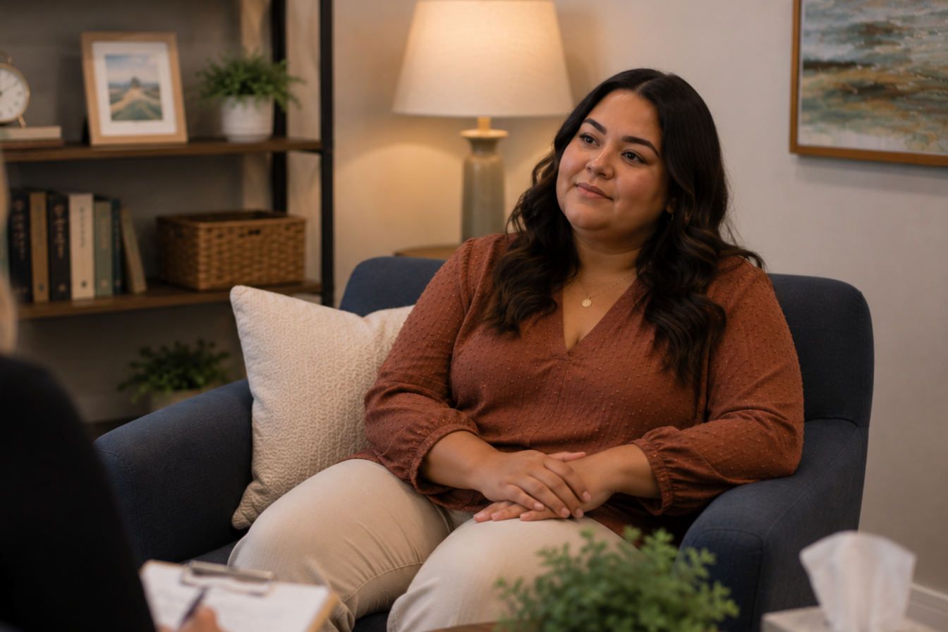 A woman with dark wavy hair is sitting on a dark blue couch with a cushion behind her, in a cozy living room, listening attentively during a conversation.