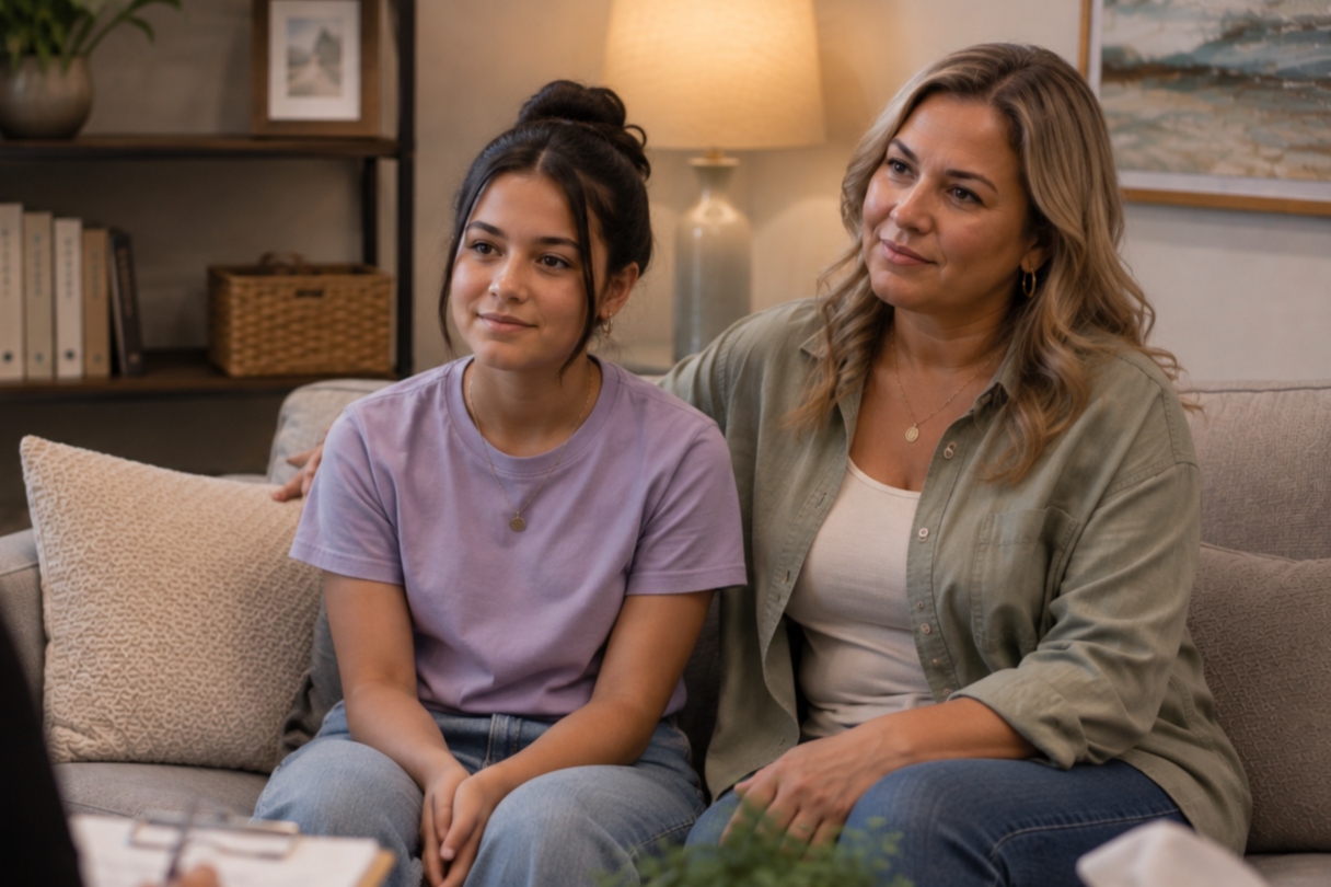 A woman and a girl sitting on a beige couch in a living room, looking at something off-camera, with the woman resting her arm around the girl. The woman has blonde hair and is dressed in a light shirt and green jacket, and the girl has dark hair in a bun and is wearing a purple t-shirt.