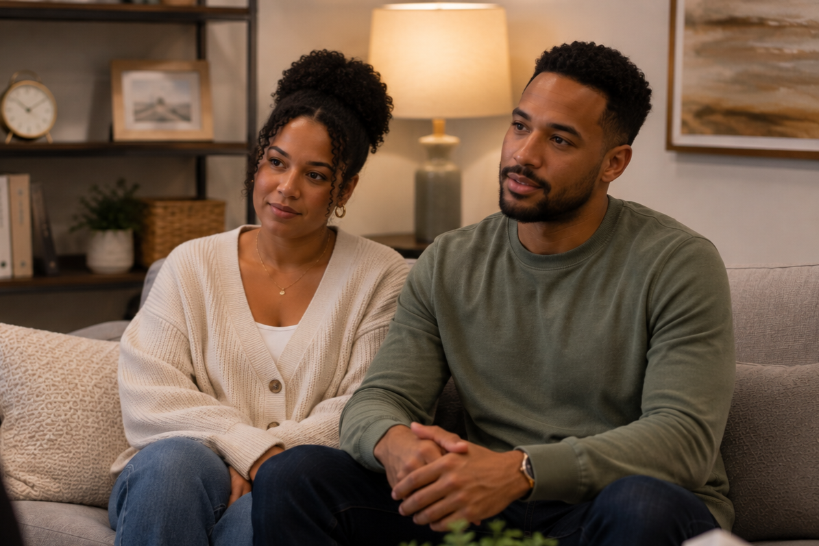 A man and woman sitting on a beige couch in a cozy living room, listening attentively to someone off-camera, with a bookshelf, picture frame, plant, and lamp in the background.