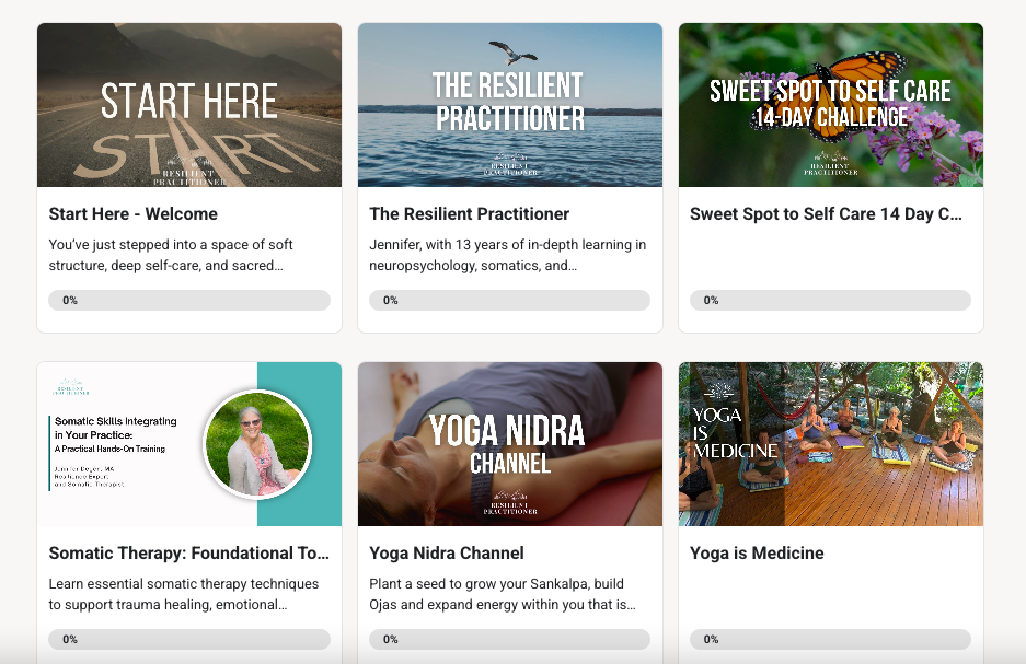 Grid of six online course thumbnails related to self-care, meditation, yoga, and therapy, featuring images of roads, water, butterflies, a woman's portrait, and people practicing yoga.