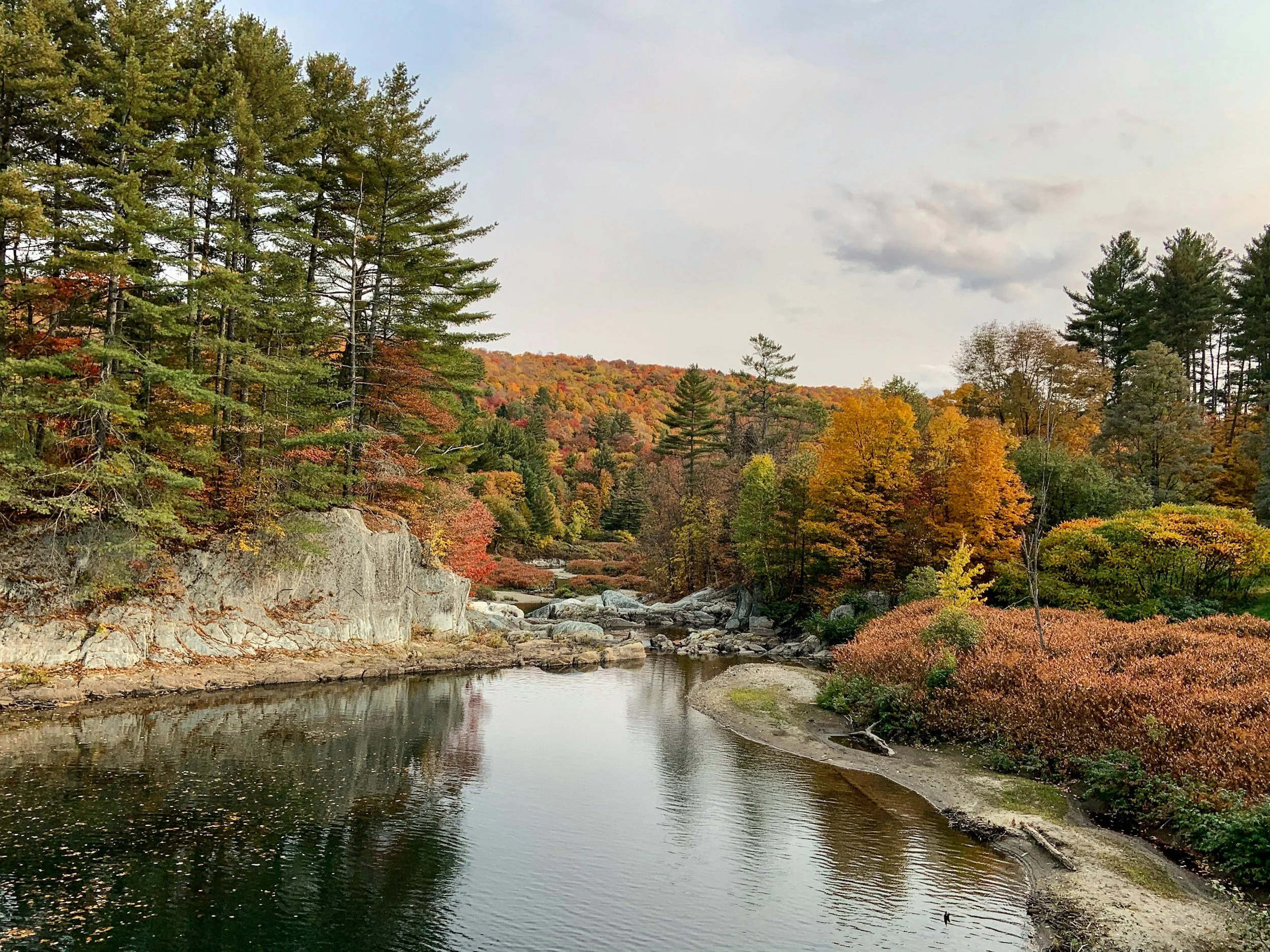 A landscape scene showing a calm river flowing through a forest with trees displaying fall foliage in shades of green, orange, and yellow. The sky is partly cloudy, and the scene suggests an autumn setting with a mix of evergreen and deciduous trees.