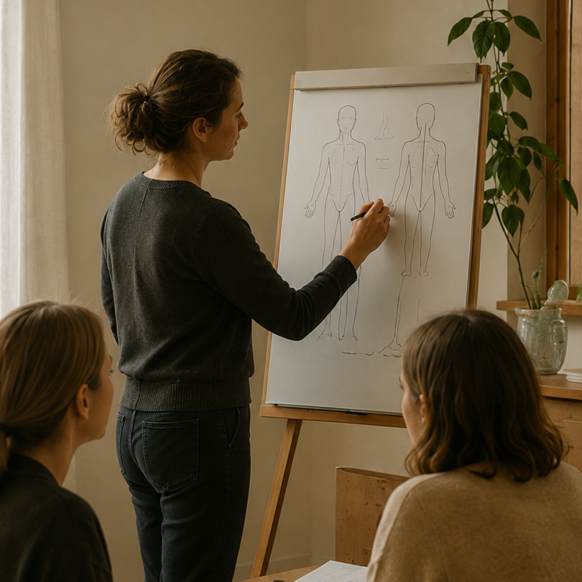 A woman with brown hair tied in a bun, wearing a dark sweater, is drawing anatomical human figures on a whiteboard during an educational session, with a small group of children observing.
