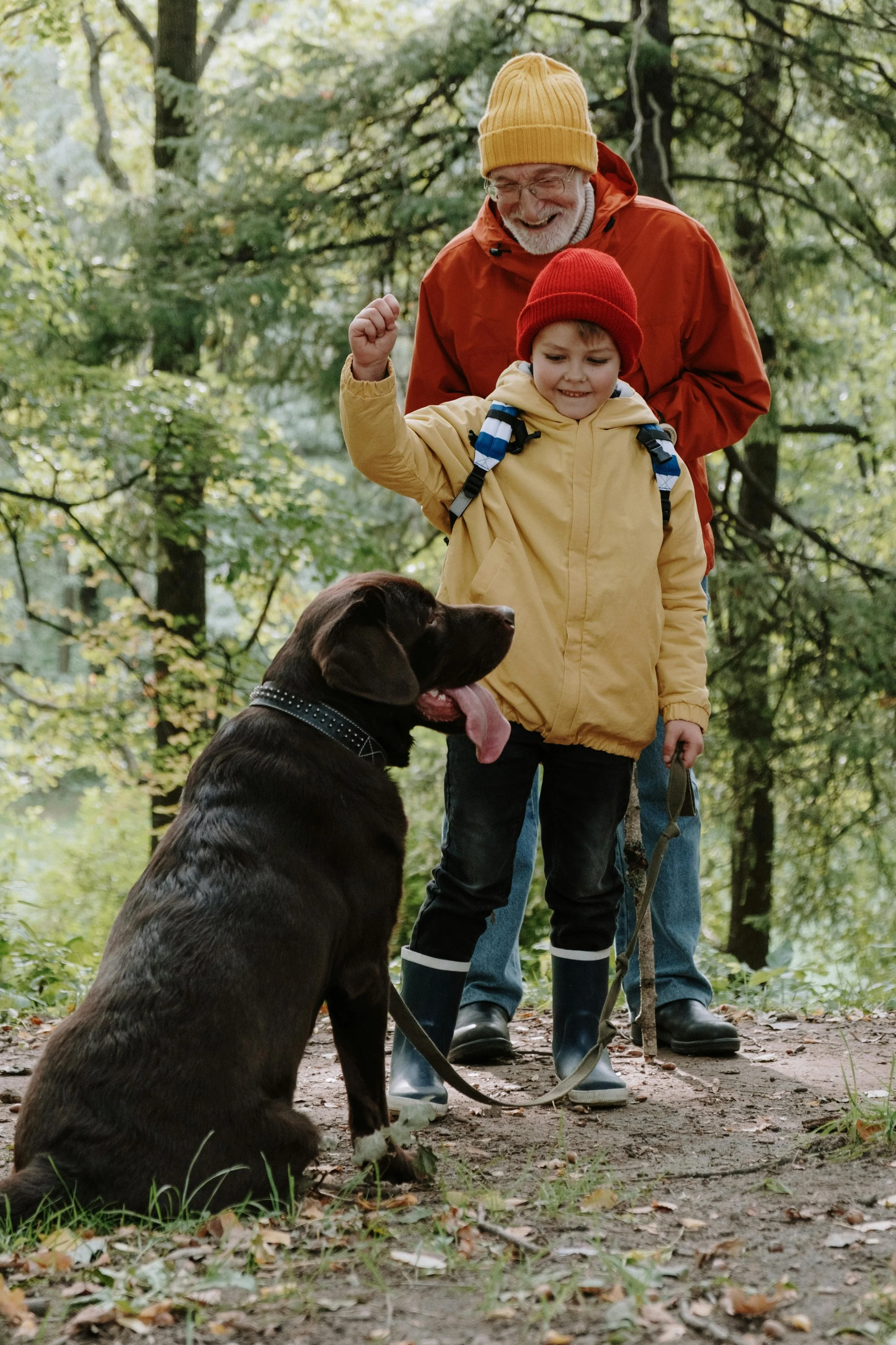 An older man and a young boy are in a wooded park, smiling and looking happy. The man is wearing glasses, a yellow beanie, an orange jacket, and jeans. The boy is wearing a red beanie, a yellow jacket, backpack straps, and rain boots. A large chocolate Labrador retriever with a collar is sitting on the ground nearby, looking up at them. Fallen leaves are scattered on the ground.