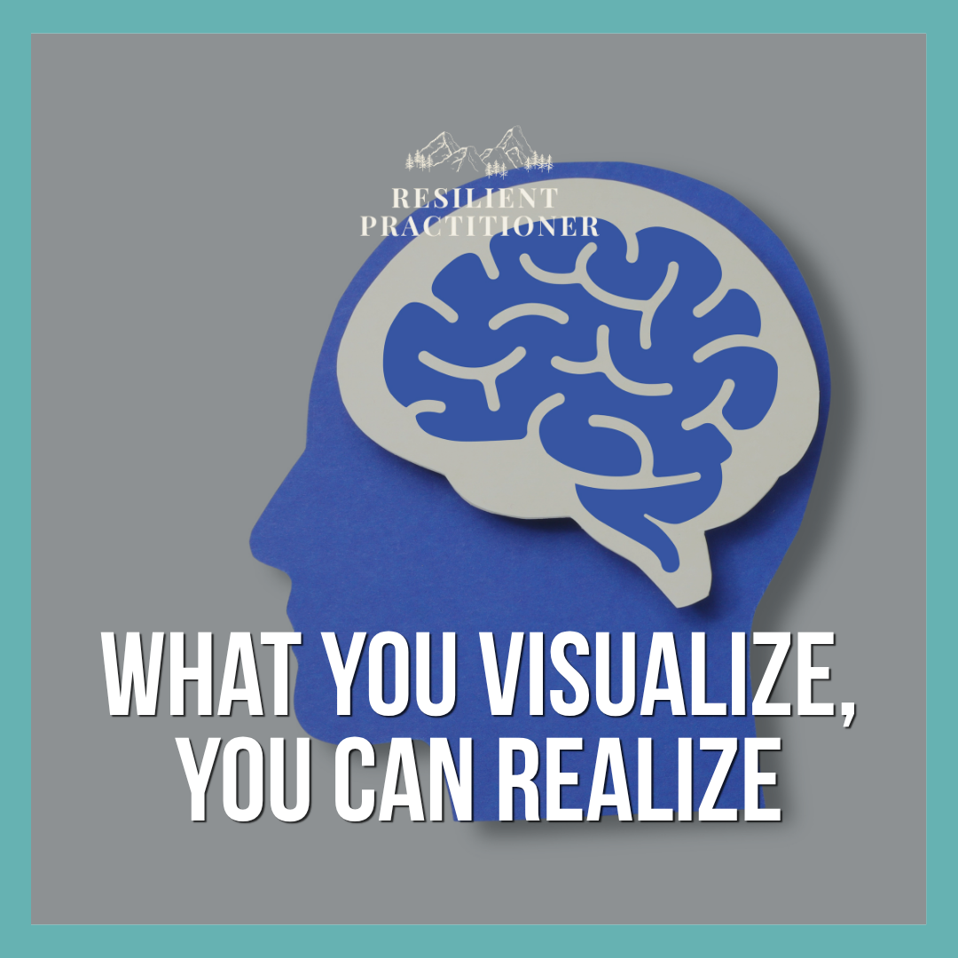 A motivational poster featuring a blue human head silhouette with a brain illustration, and the text "What you visualize, you can realize."