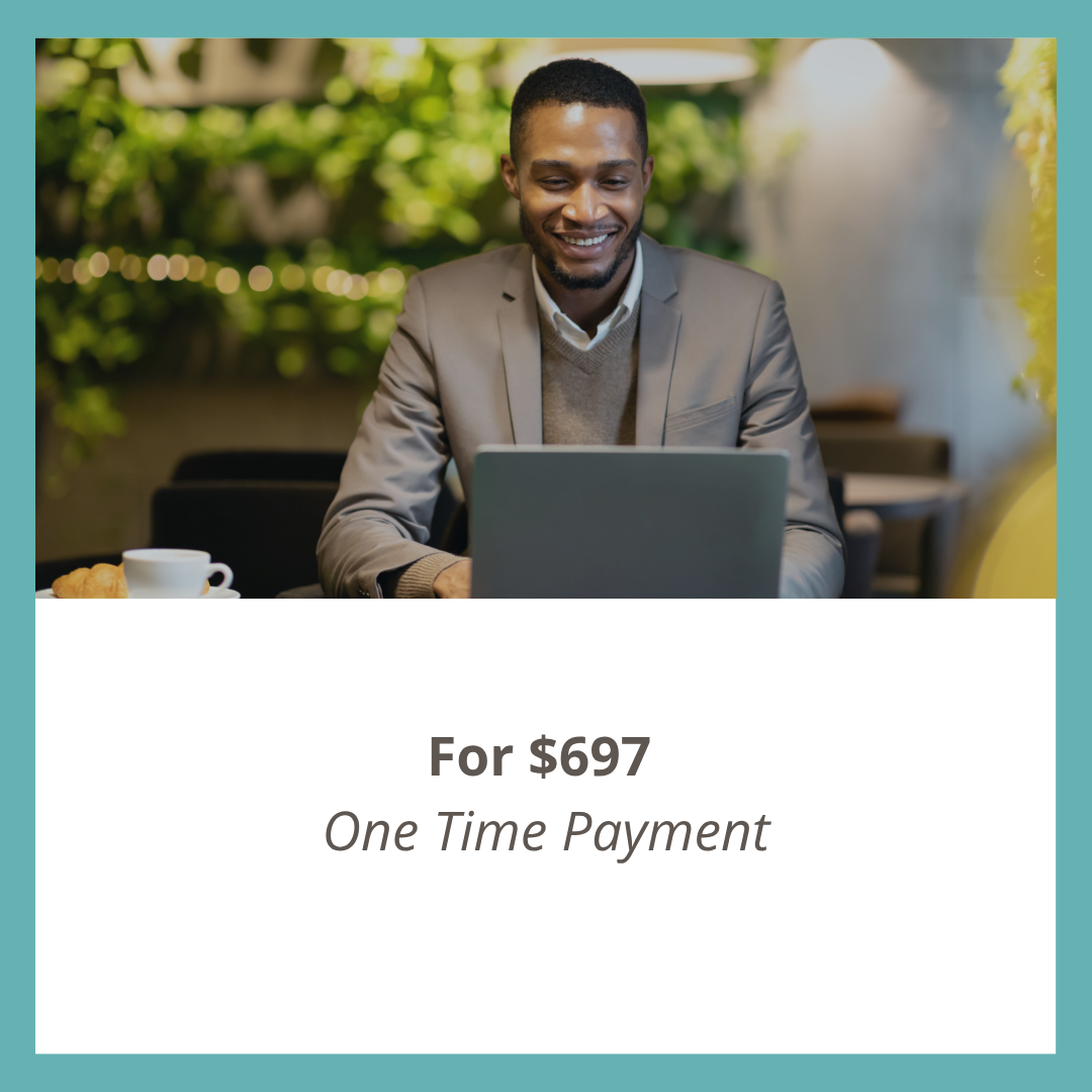 Smiling man using a laptop in a cafe with text reading “For $697 One Time Payment.”