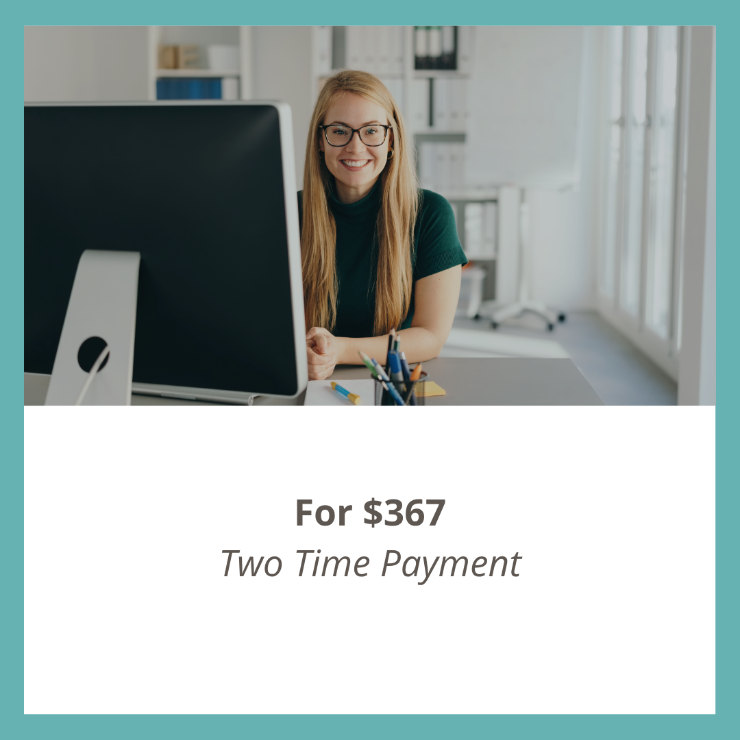 Smiling woman wearing glasses at a computer with text reading “For $367 Two Time Payment.”