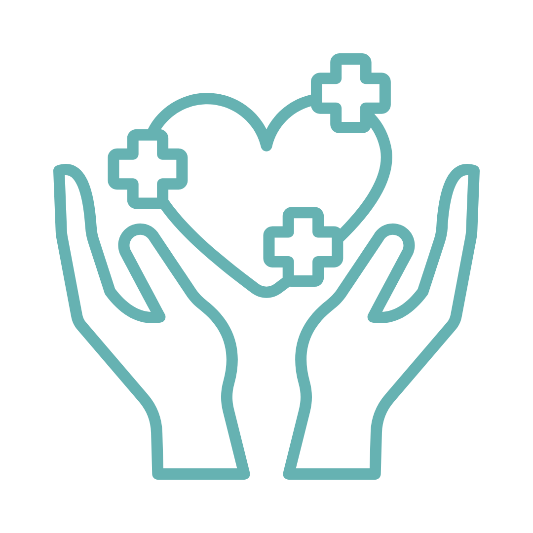 Outline of two hands holding a heart with medical crosses, symbolizing health and care.