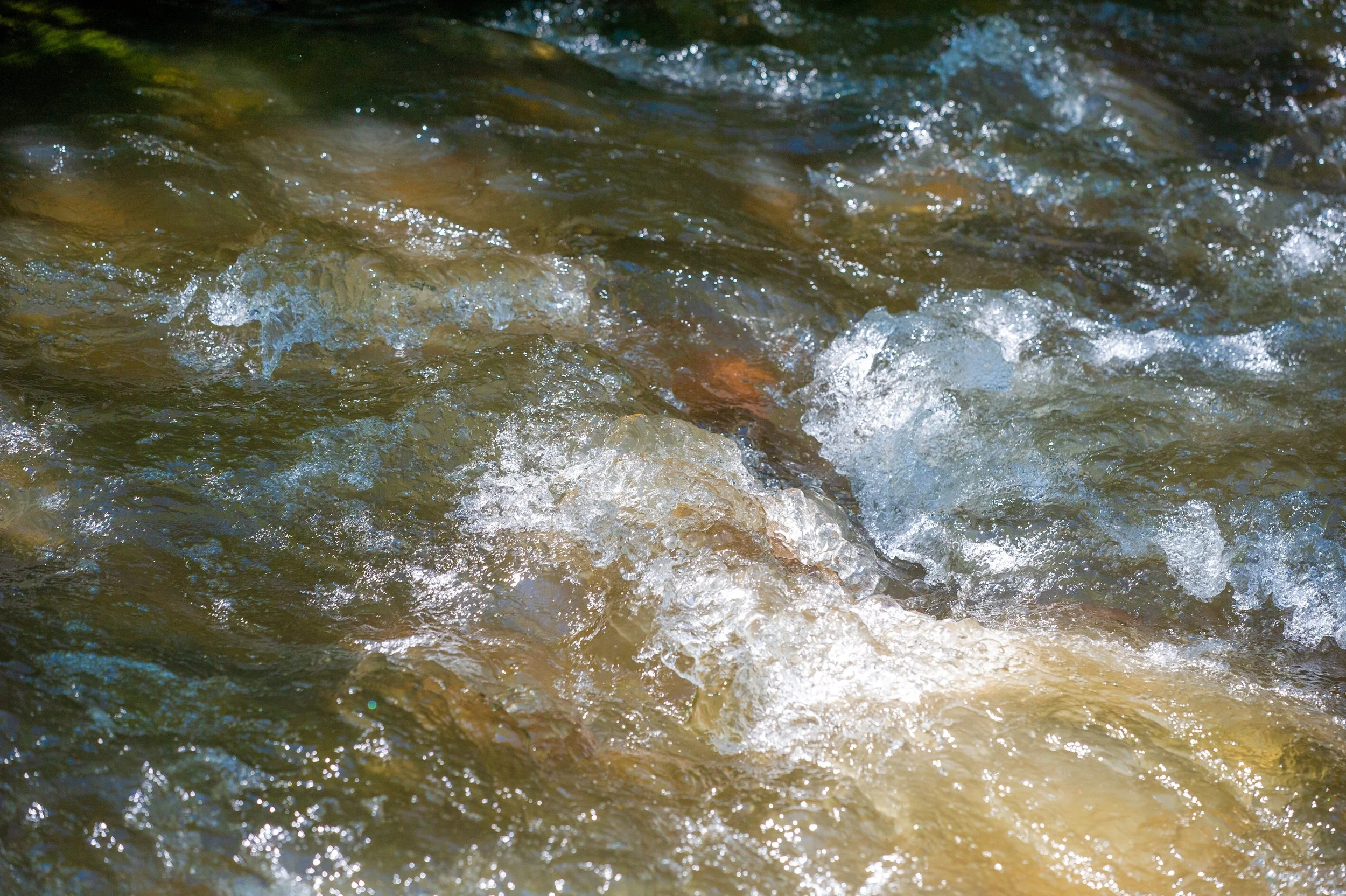 Close-up of a flowing stream with small ripples, reflections, and bubbles on the water surface.
