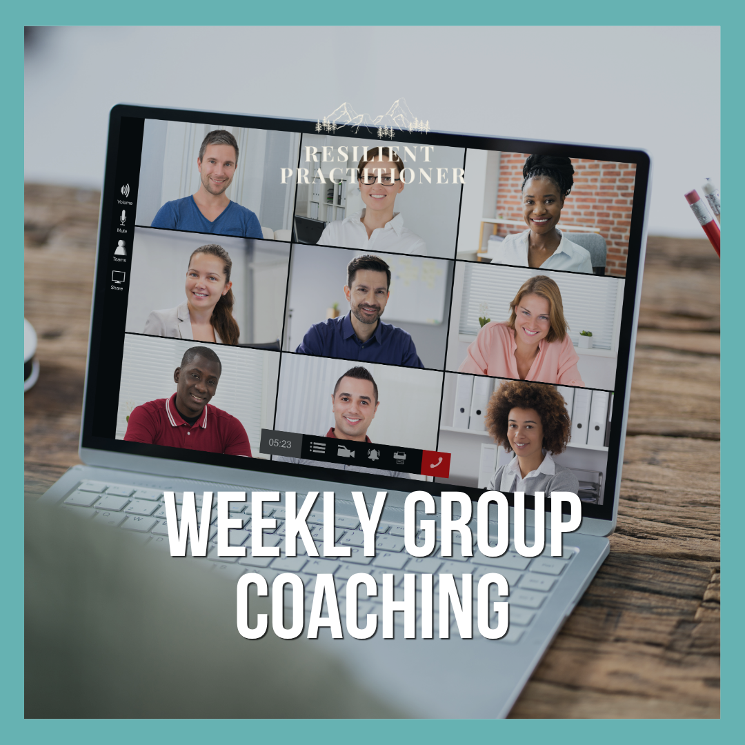 Screenshot of a virtual group coaching session on a laptop, featuring nine diverse participants in a video conference, with text overlay saying "Weekly Group Coaching" and "Resilient Practitioner".