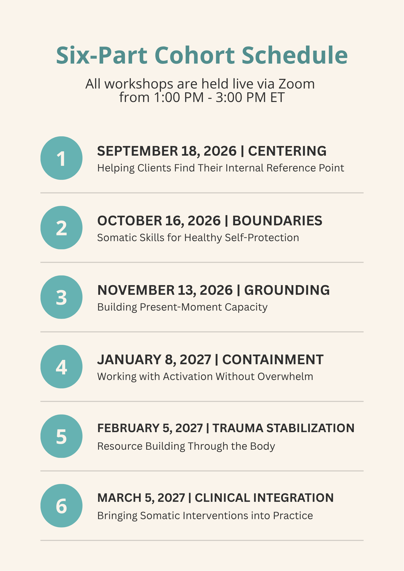 Screenshot of a six-part workshop schedule with dates, titles, and descriptions, all held via Zoom, from September 18, 2026, to March 5, 2027.