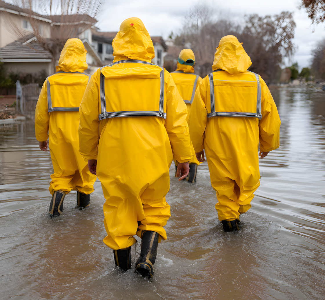 Four rescue workers wearing bright yellow rain coats walk through a flooded neighborhood street with houses in the background