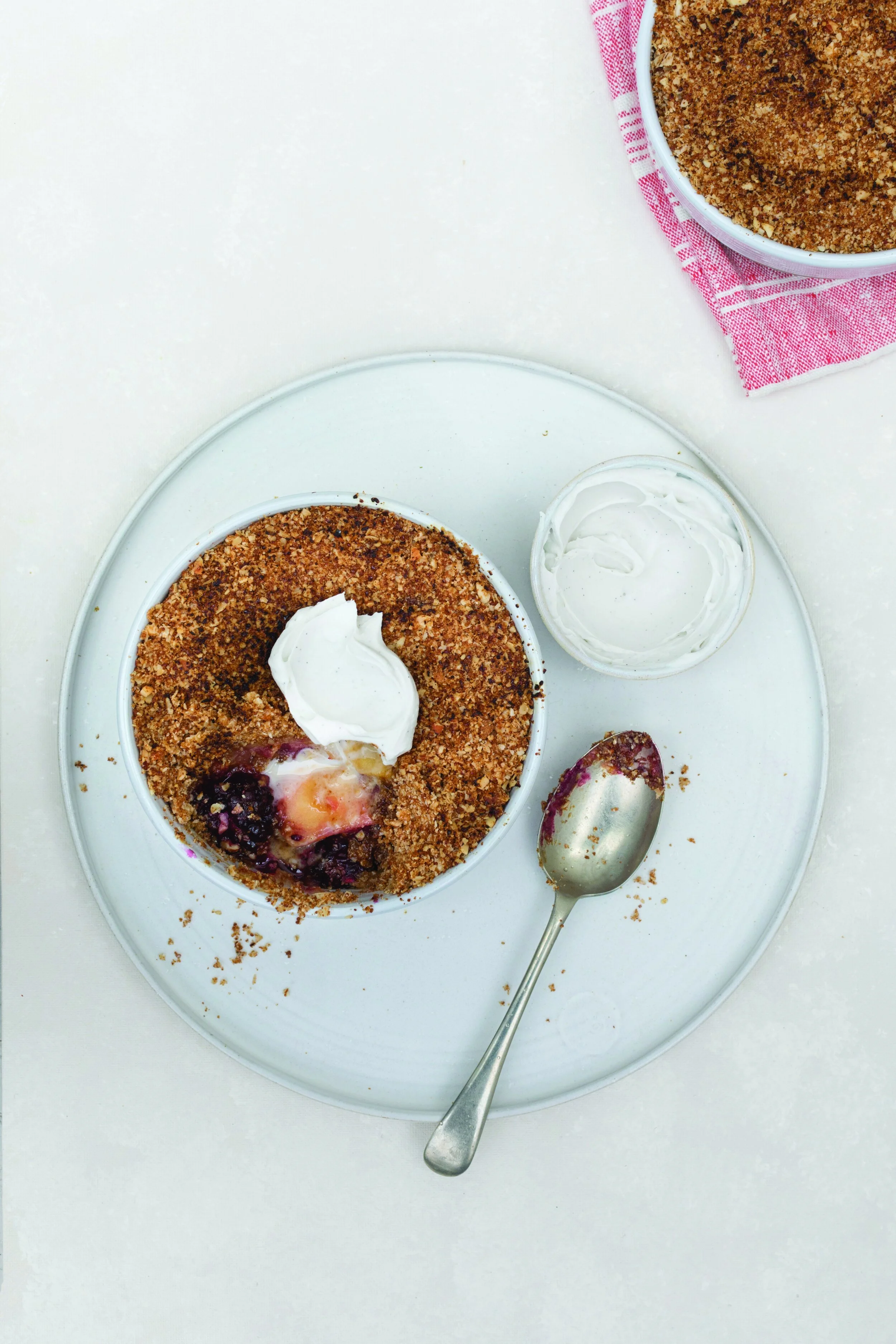 MIXED BERRY AND APPLE CRUMBLE WITH VANILLA COCONUT CREAM