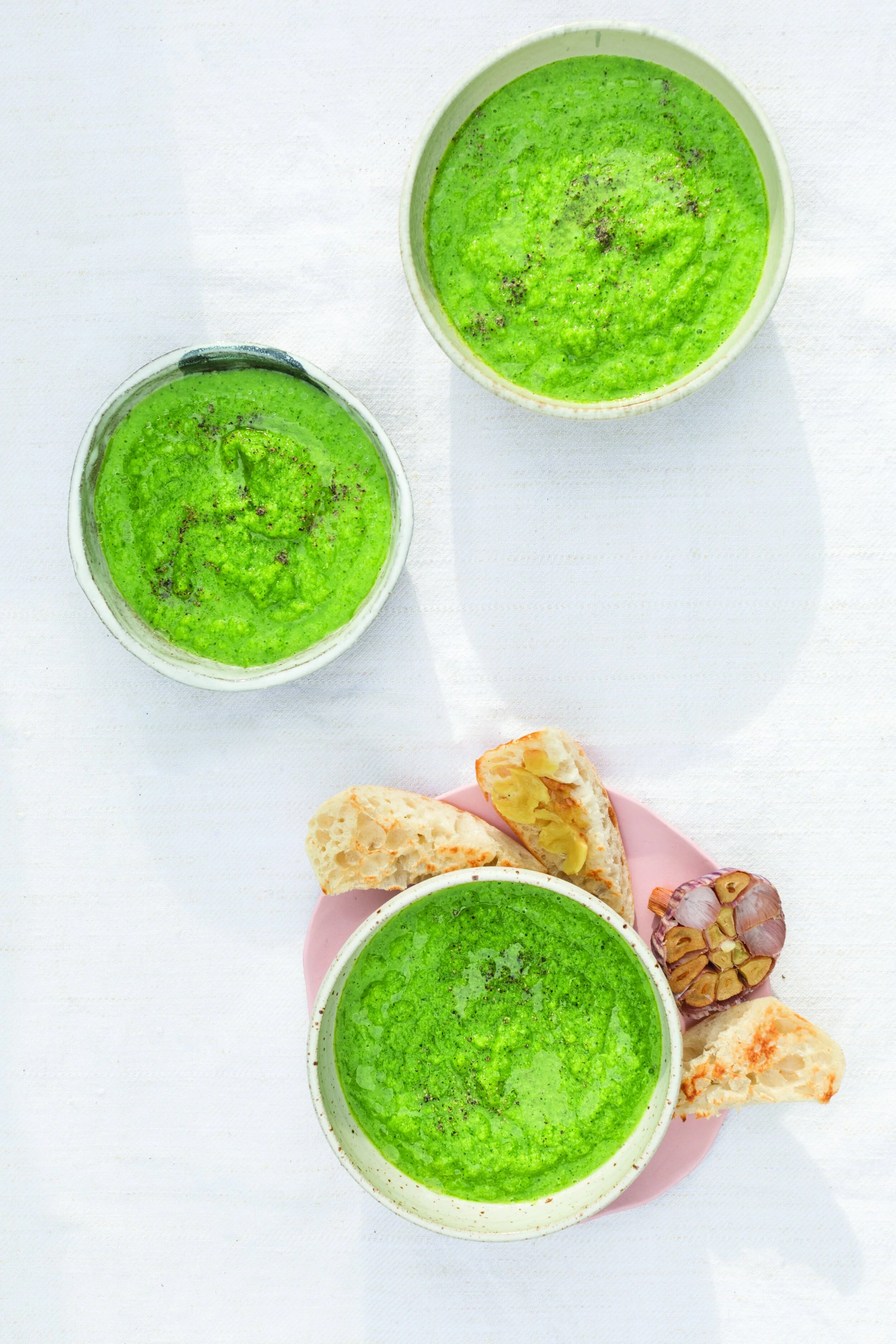 BROCCOLI, PEA AND LEEK SOUP WITH ROASTED GARLIC CIABATTA