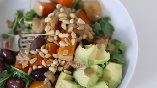 BUTTERNUT SQUASH, AVOCADO AND BLACK OLIVE SALAD WITH TAHINI DRESSING