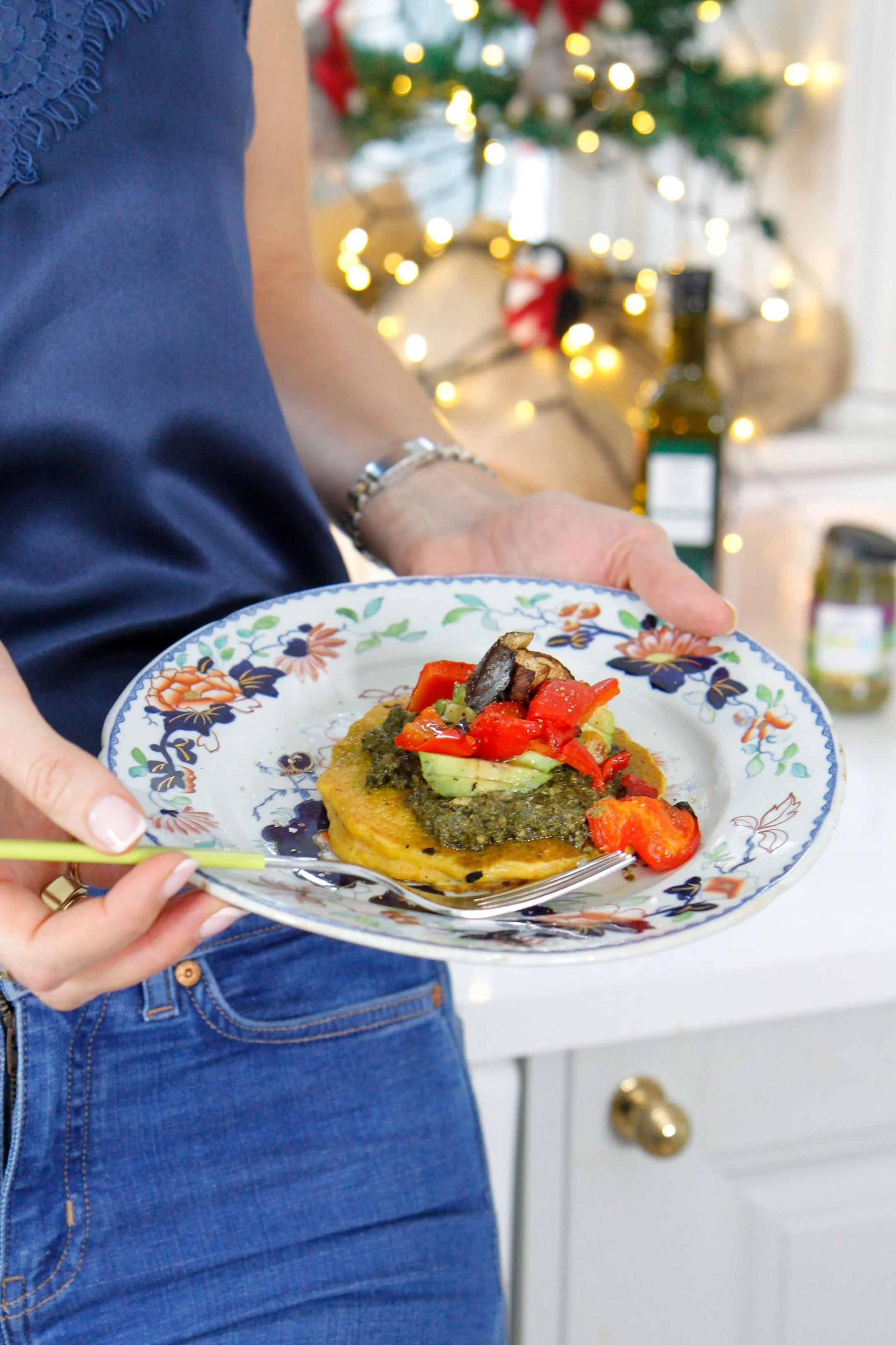 Vegan Savoury pancakes with Avocado and pesto vegetables