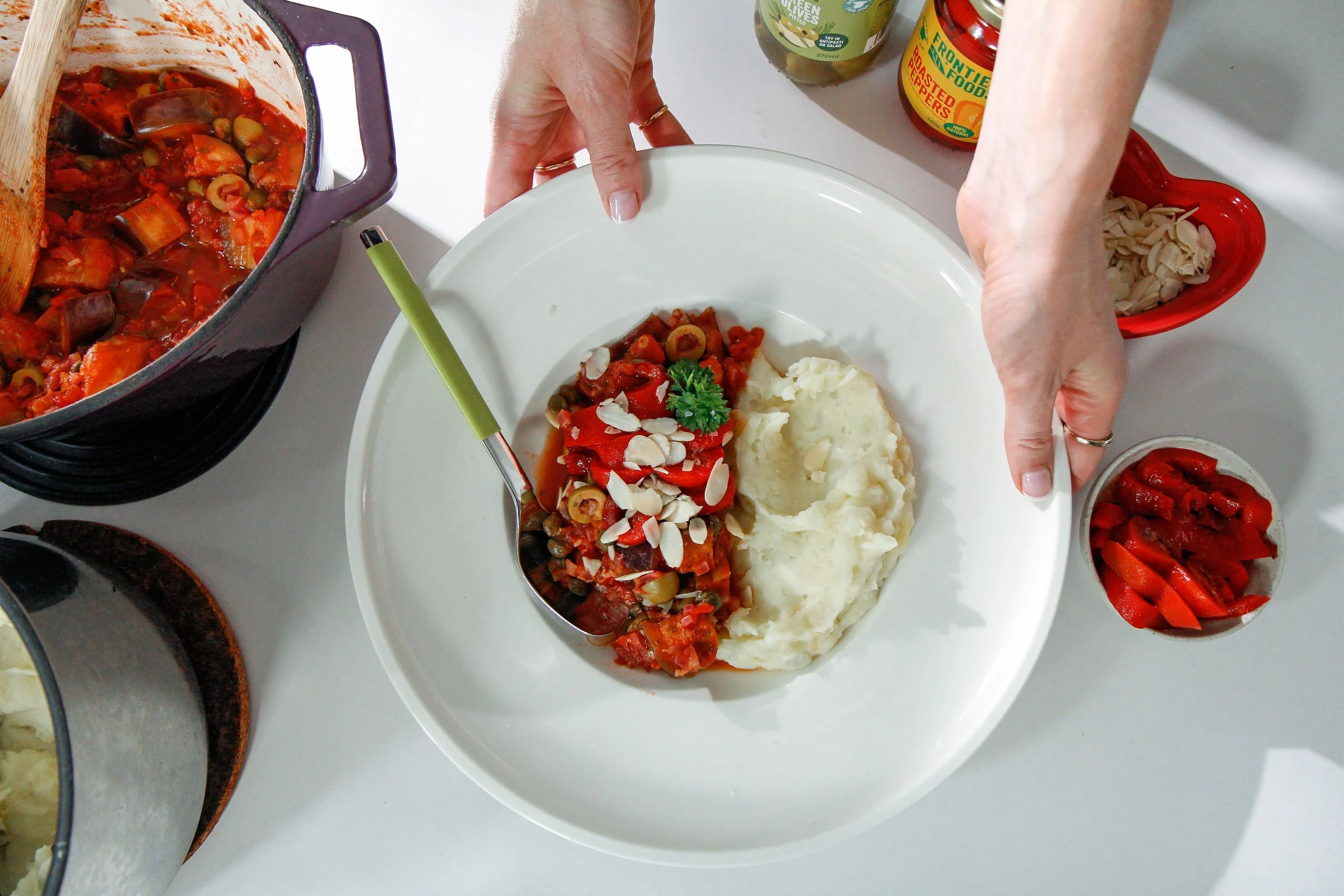 Sicilian Roasted Aubergine and Red Pepper Stew with Truffle mash&nbsp;