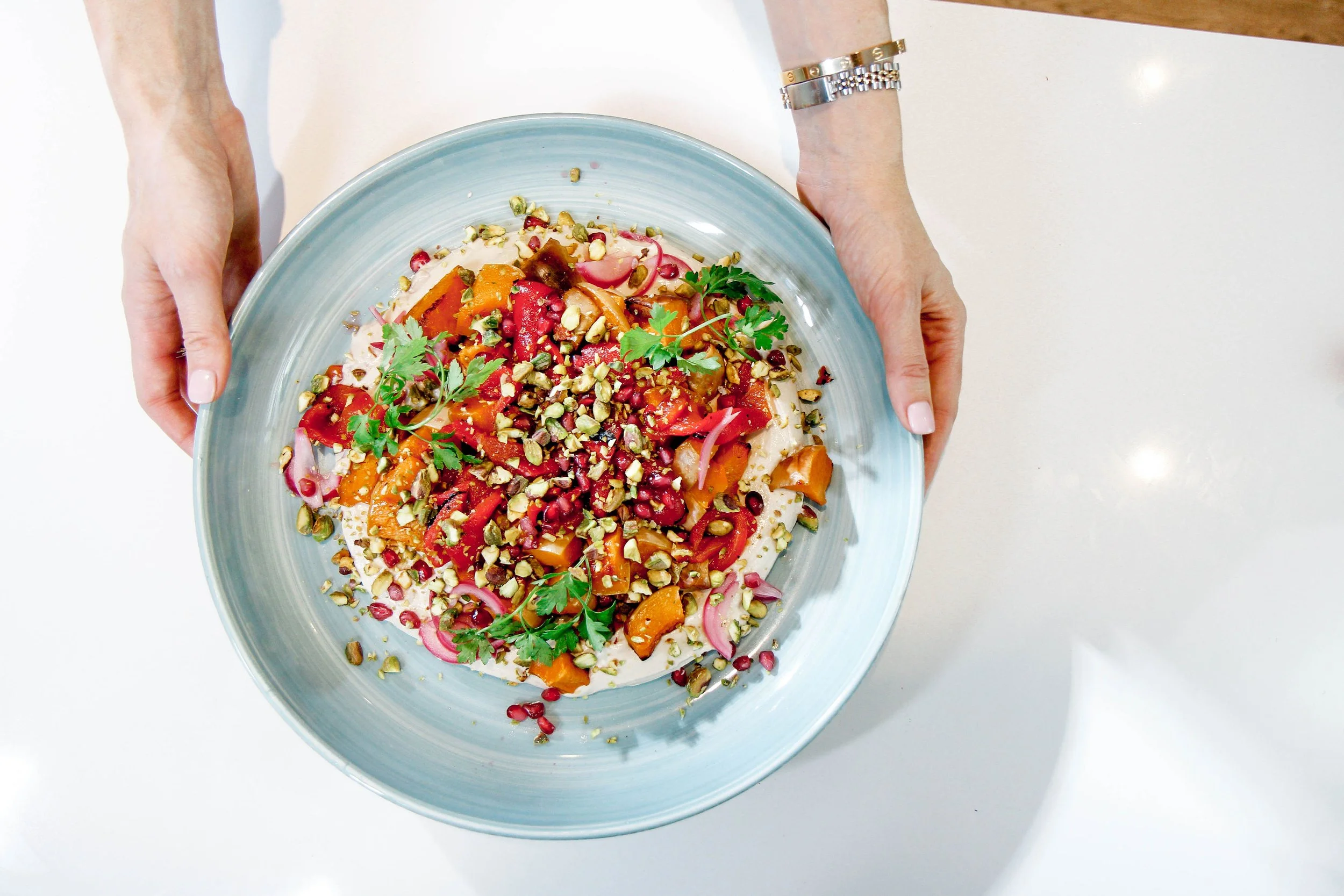 Roasted Squash &amp; Red Pepper Salad with Tahini &amp; Pistachios