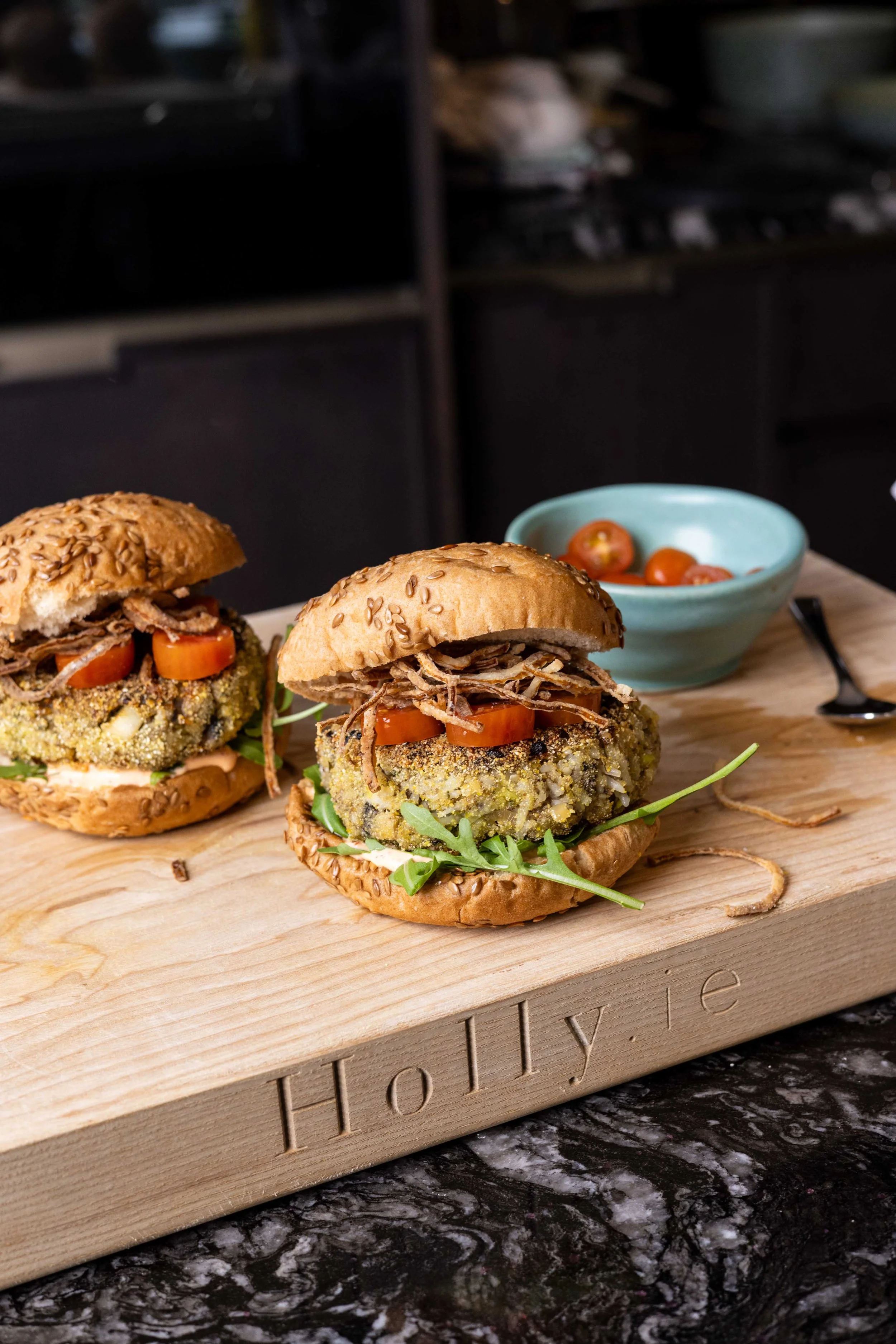 Mushroom and Wild Rice Burgers with Crispy Onions and Sriracha Mayo