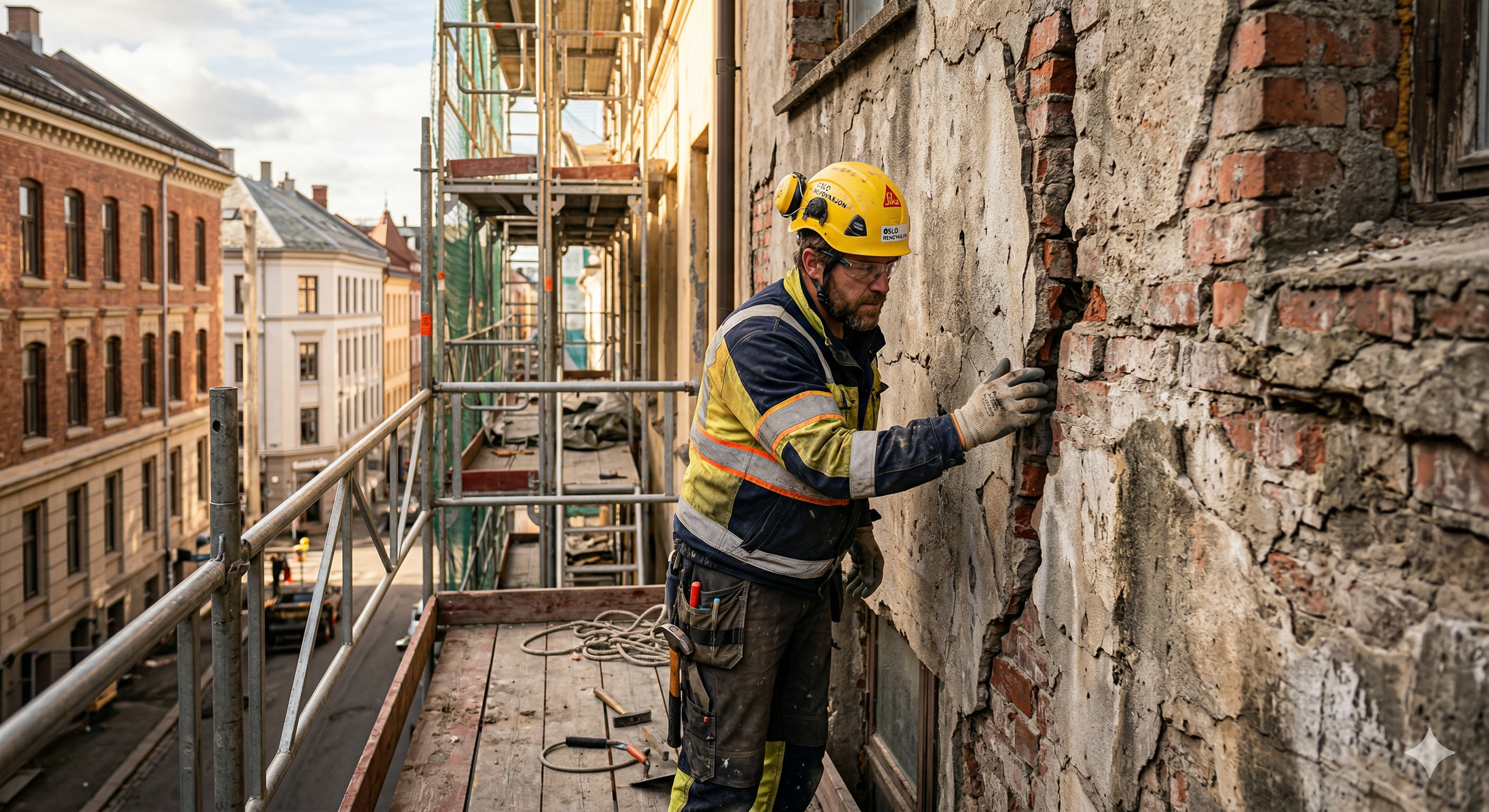Fagarbeider inspiserer skadet murverk under fasaderehabilitering i Oslo