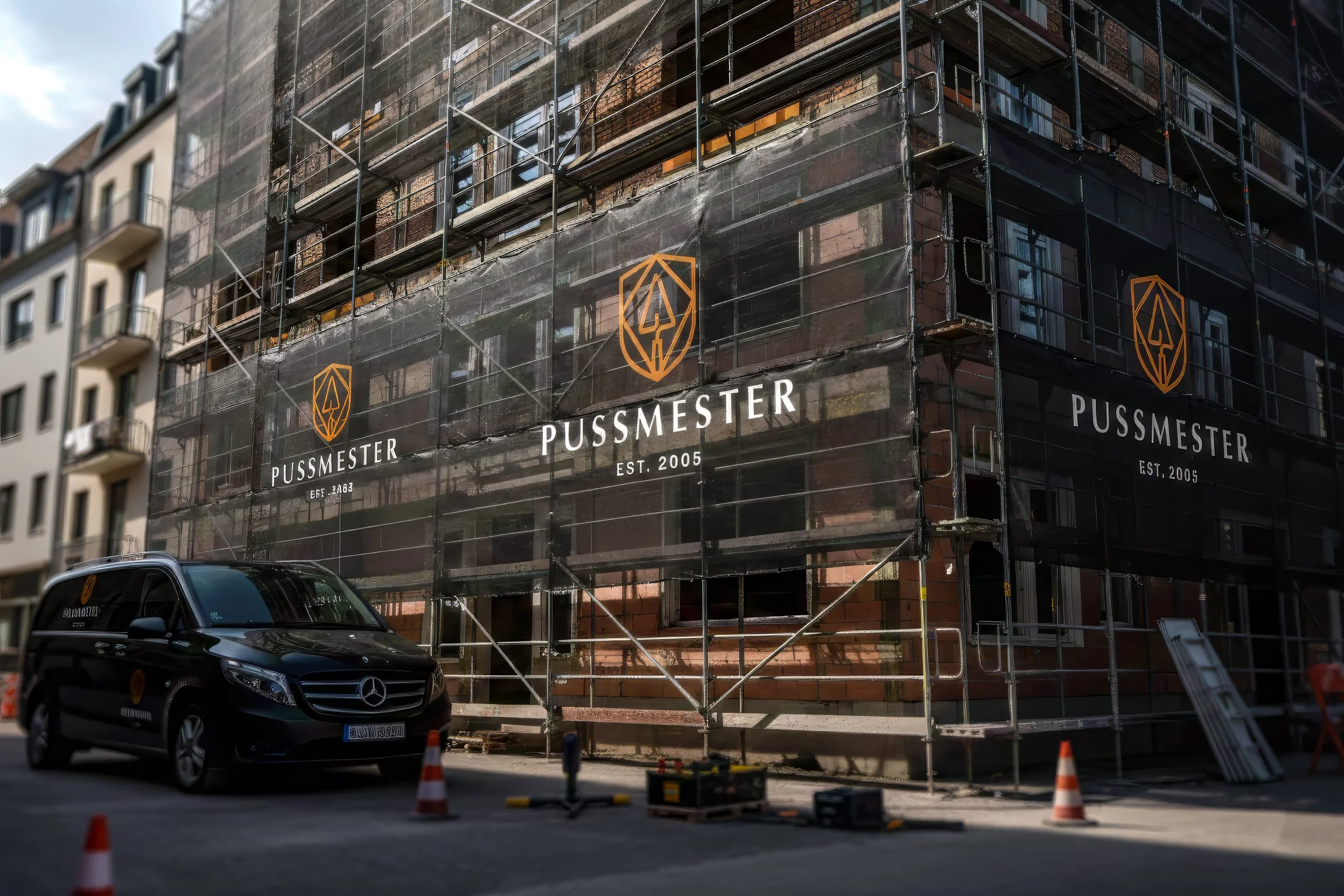 Pussmester AS logo på fasade - mesterbedrift i fasaderehabilitering siden 2005