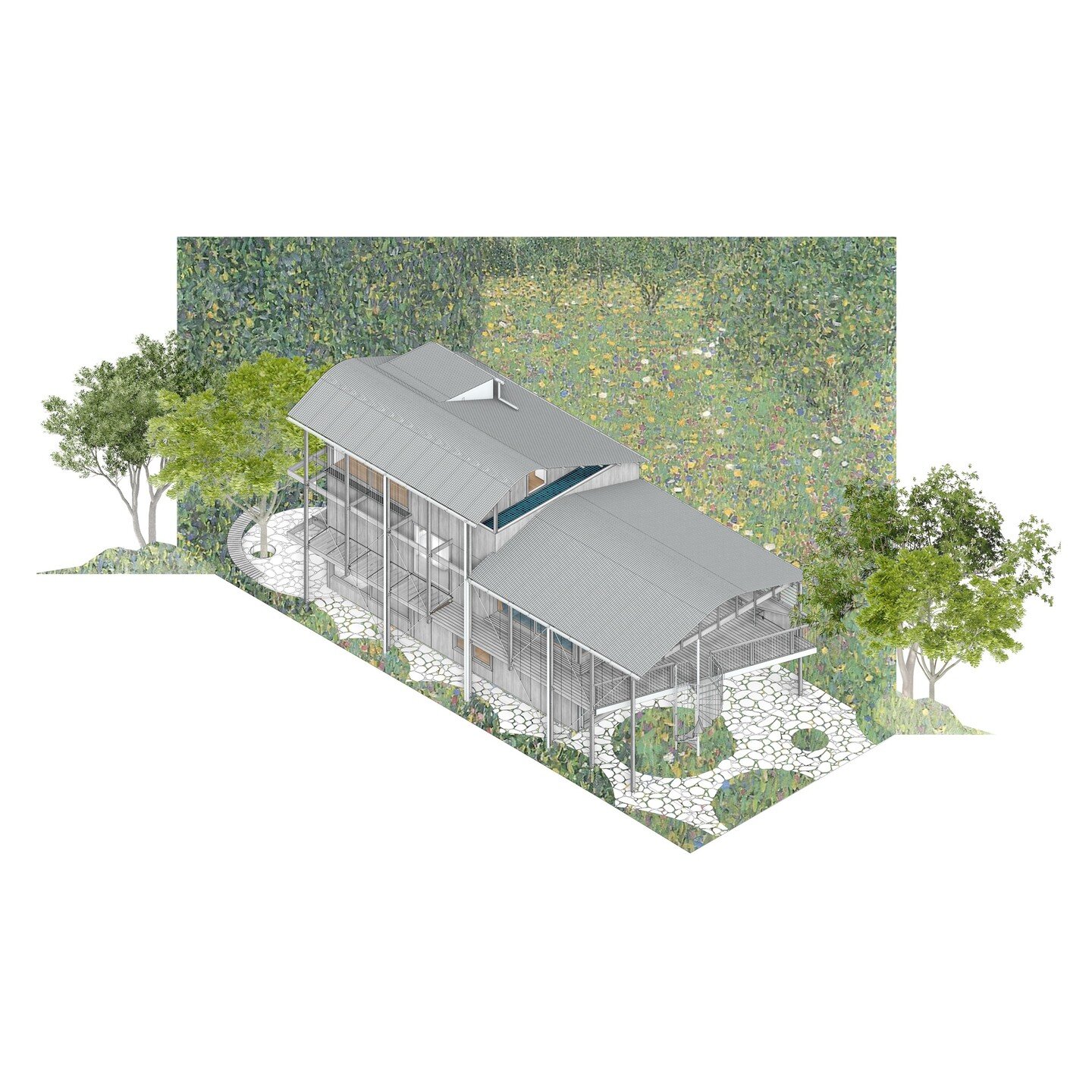Overview of our project in Brunswick Heads, with abstract landscape concept vision (foreground &amp; vertical vegetation removed for clarity). On such a tiny site, the peripheries have been layered with arcing pockets and punctures of native greenery
