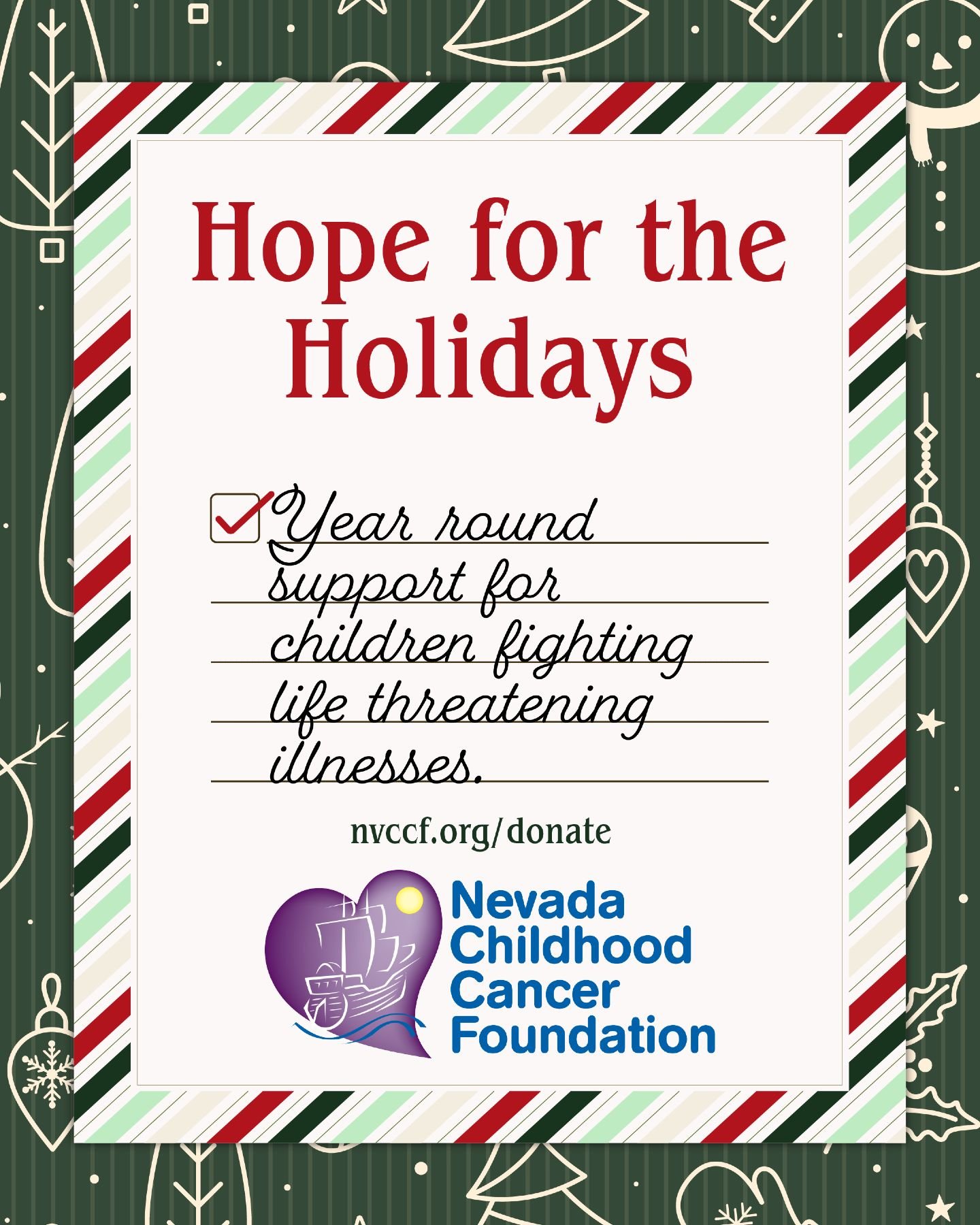 For families facing childhood cancer or life threatening illness, support means everything. Nevada Childhood Cancer Foundation provides year round programs that wrap families in comfort, strength, and connection. @nvccf

Your gift brings hope to a ch