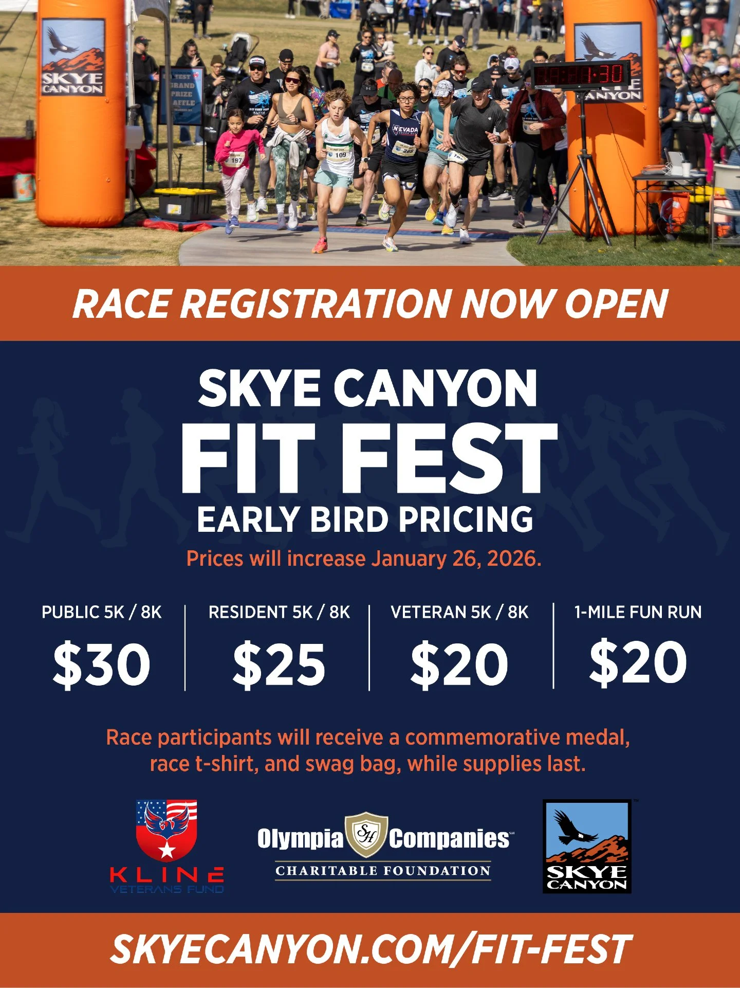 Skye Canyon Fit Fest is officially open for registration. Early bird pricing won&rsquo;t stick around forever, prices go up January 26.

Choose your challenge: 5K, 8K, or the 1-mile fun run - all benefitting @klinefund 

To register, visit: https://s