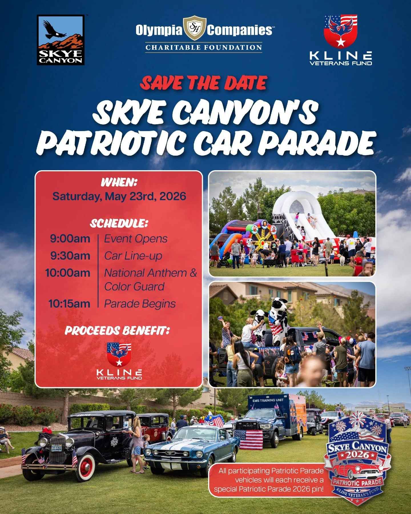 Save the date for the @skyecanyonlife Patriotic Car Parade on Saturday, May 23rd.

Decorate your ride, show your spirit, and cruise for a cause benefiting @klinefund.

$10 to register. Parade, live DJ, inflatables, food, and more waiting for you at t