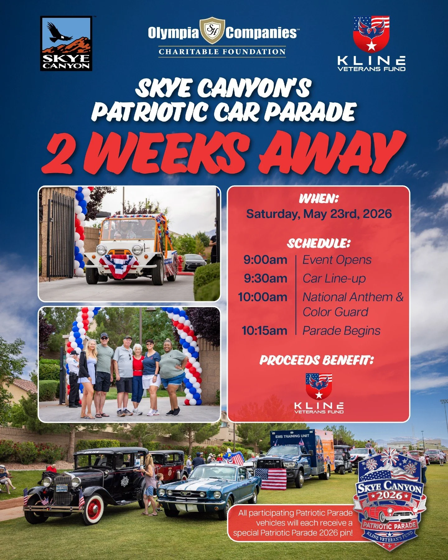 Red, white, and rolling through Skye Canyon 🇺🇸🚗

Only 2 weeks until the community comes together for a morning of patriotism, classic cars, and support for the Kline Veterans Fund. 

We&rsquo;ll see you May 23rd.