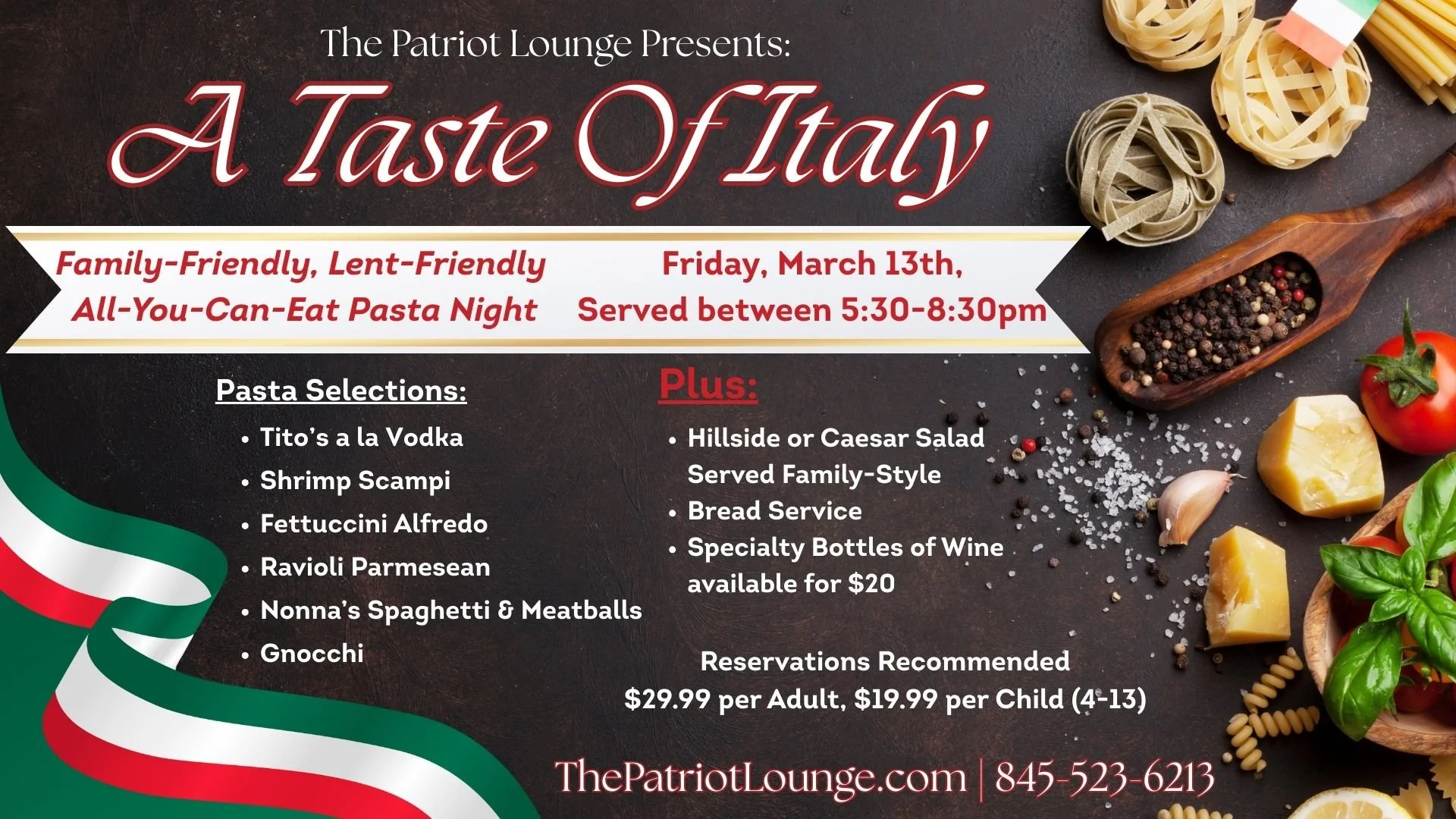 A Taste of Italy: All You Can Eat Pasta Night at The Patriot Lounge