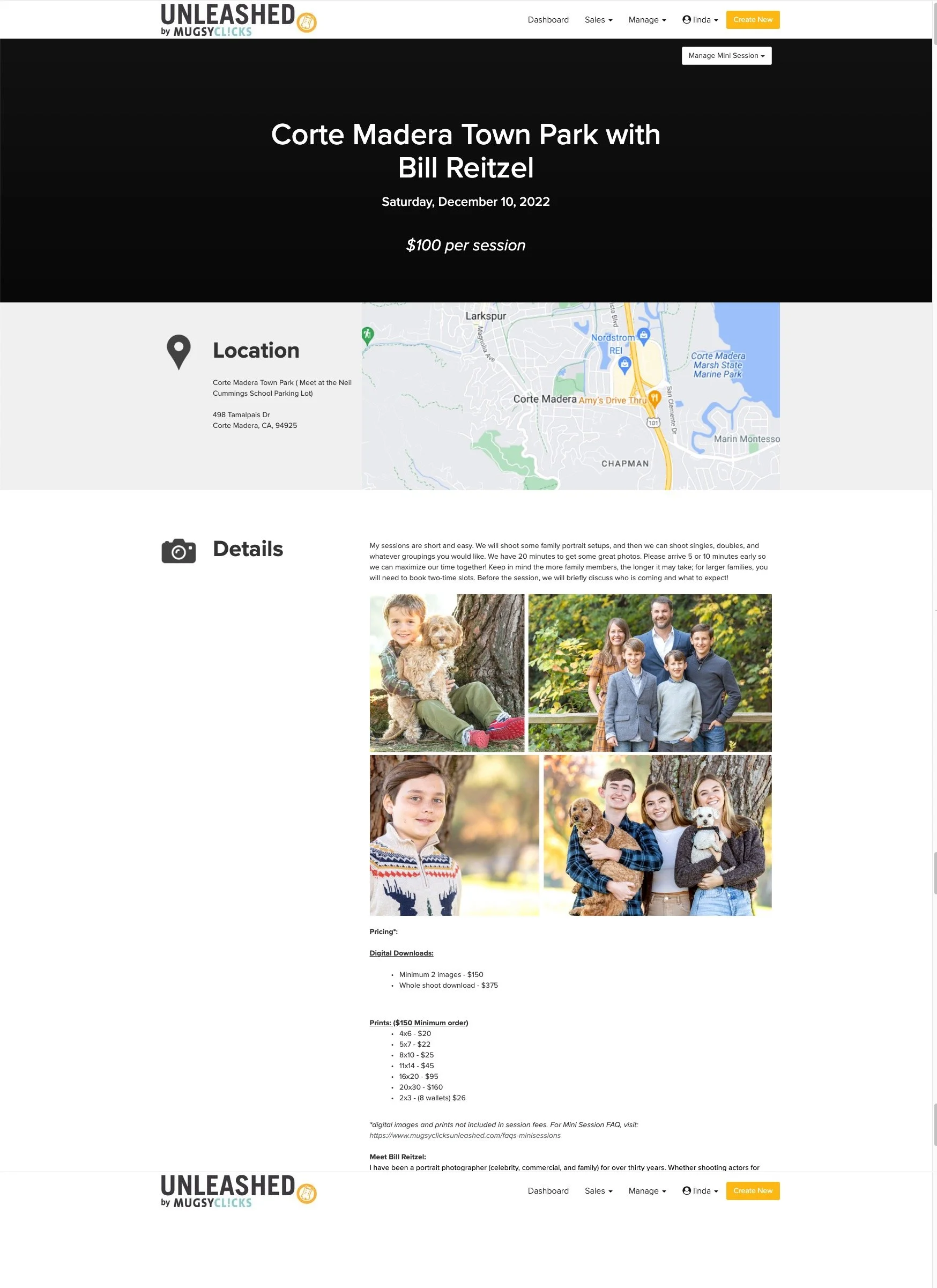 Screenshot of a photography session advertisement. The event is in Corte Madera Town Park with photographer Bill Reitzel on December 10, 2022, costing $100 per session. The location includes a map, and the details mention brief sessions with family or single portraits. Sample photos show families and pets. Pricing for digital downloads and prints is listed, along with a photographer bio.