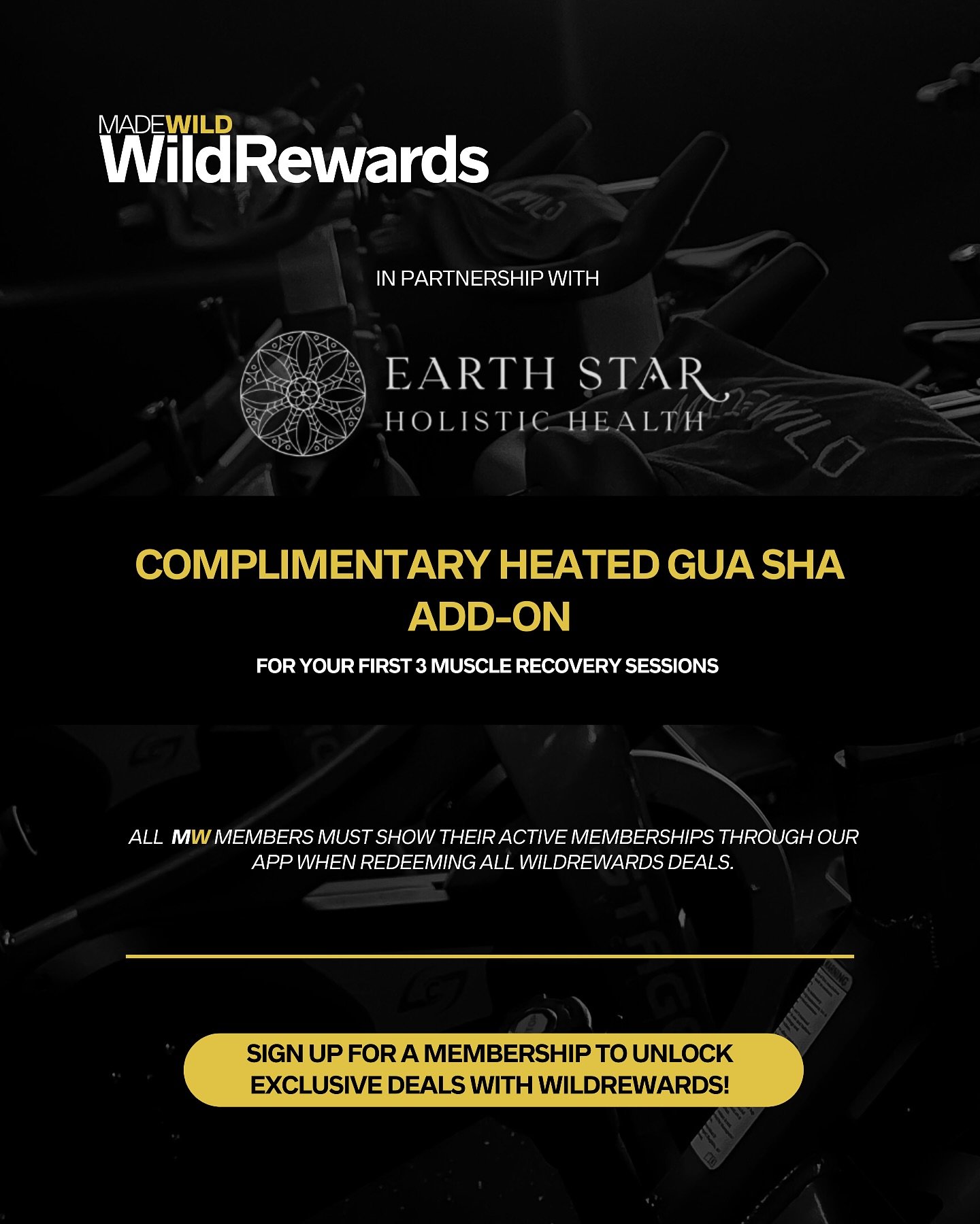 WILDREWARDS DEAL
Your recovery just got an upgrade. π₯ As a rider with an active Made Wild membership, you get a complimentary heated Gua Sha add-on for your first 3 muscle recovery sessions at Earth Star Holistic Health! ππ»β¨
Recovery is just as