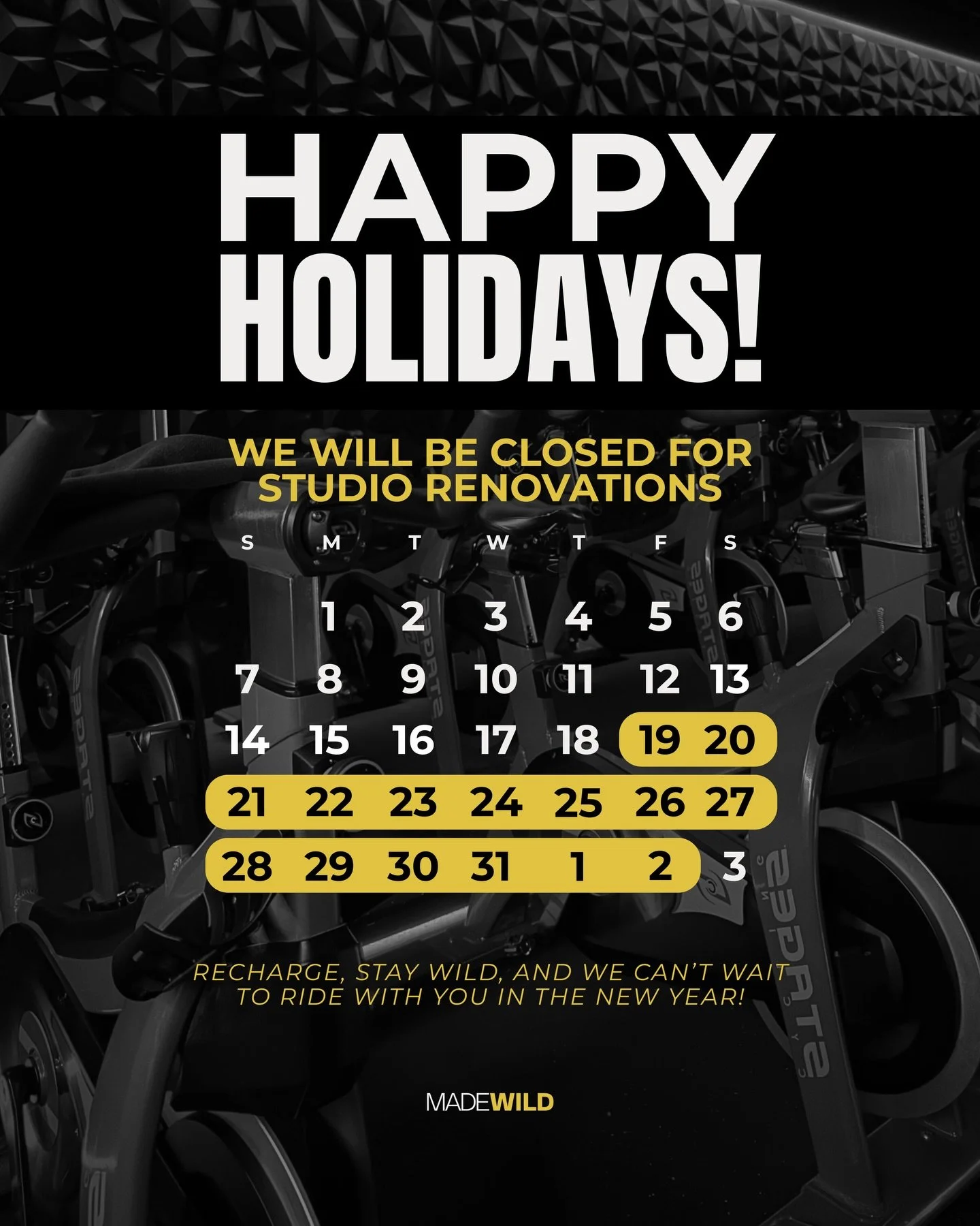 Happy Holidays🎄✨

We will be closed Dec 19&ndash;Jan 2 for studio renovations as we reset and recharge for what&rsquo;s next!

Rest up, stay wild, and we&rsquo;ll see you in the new year 🔥

#madewild #guam #indoorcycling
