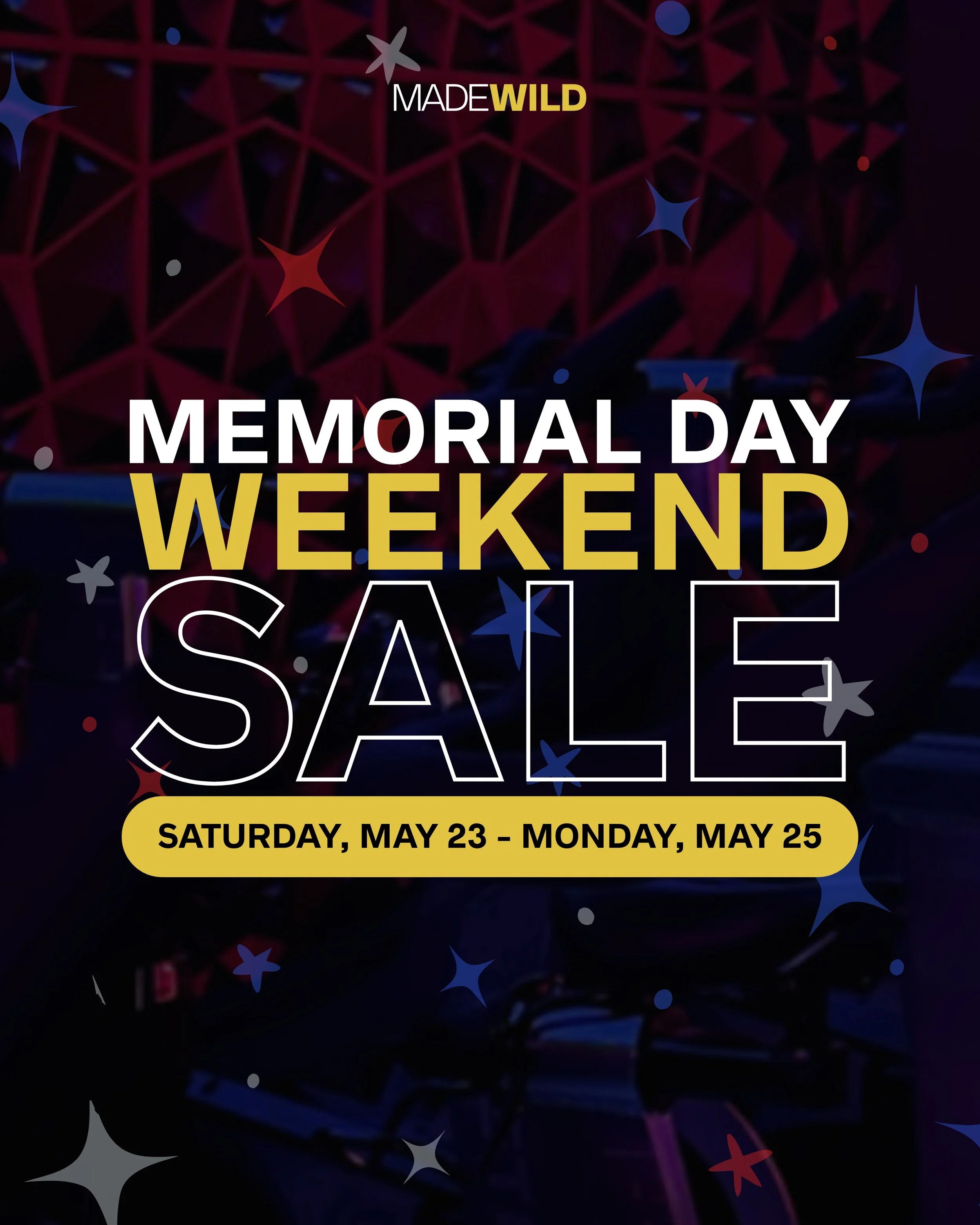 Memorial Day Weekend Sale is here 🇺🇸💛
More rides. More sweat. More WILD.
 Enjoy 15% OFF all class packs and lock in your next rides. Purchases can be made through the Made Wild app or in studio. 
Use code MEMDAY15 at checkout
 Offer valid 5/23 &nd