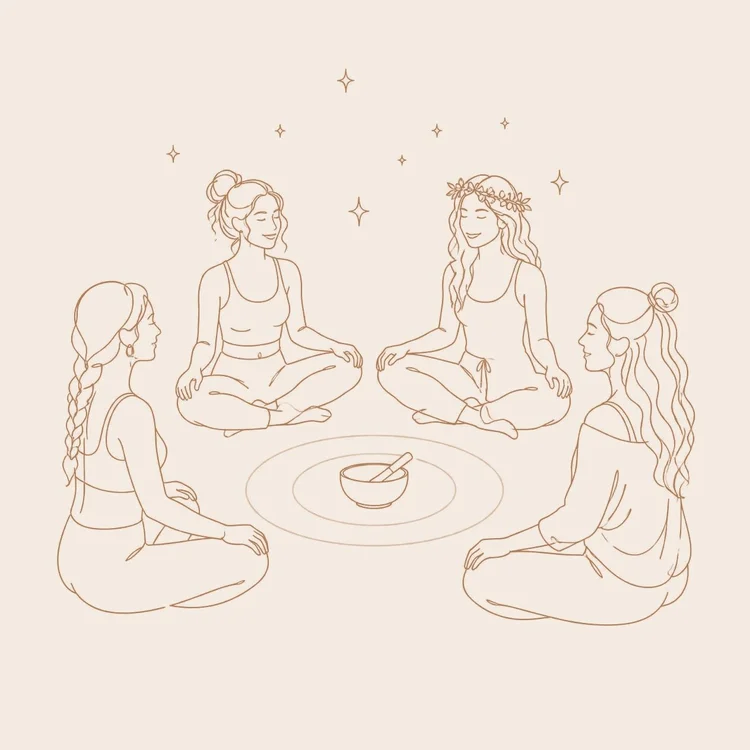 Line drawing of four friends sitting in a circle around a singing bowl