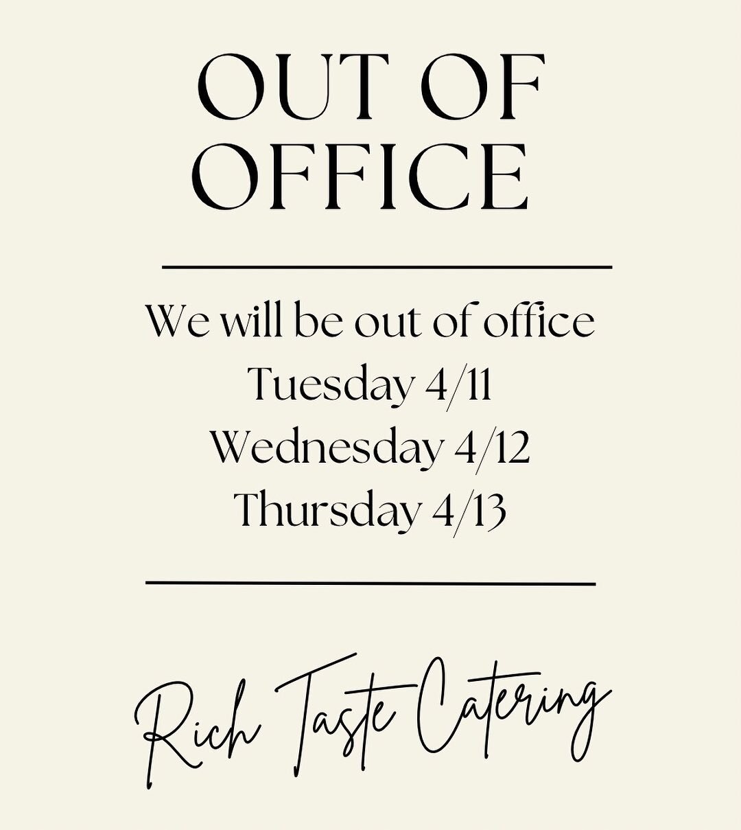 We will be out of office 4/11-4/13! Our office will be back answering calls and emails on Friday :)