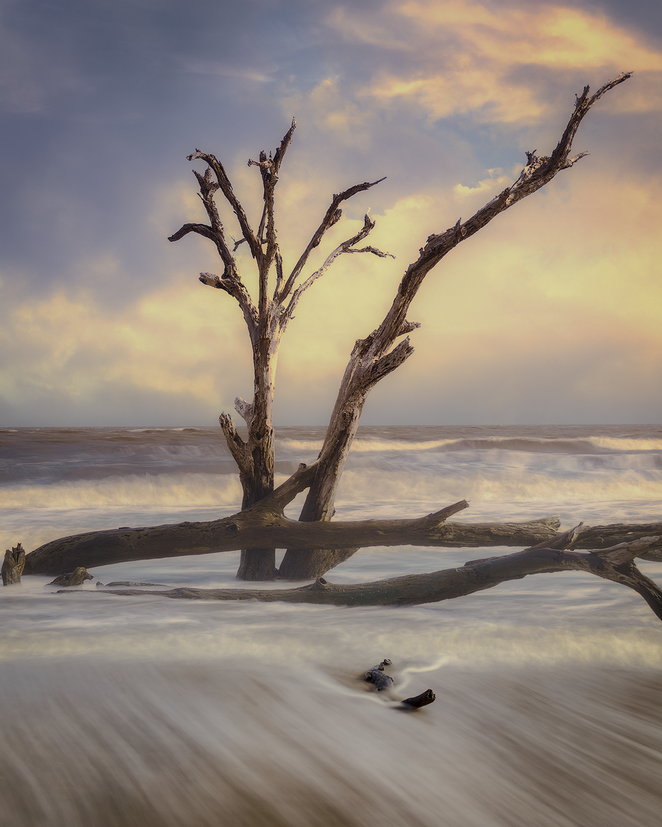 Stillness Between Waves was photographed on a muted, overcast day at Botany Bay, Edisto Island, South Carolina. Through a process of digital interpretation, Lang Smith infused the original capture with layered textures and painterly tonal transitions