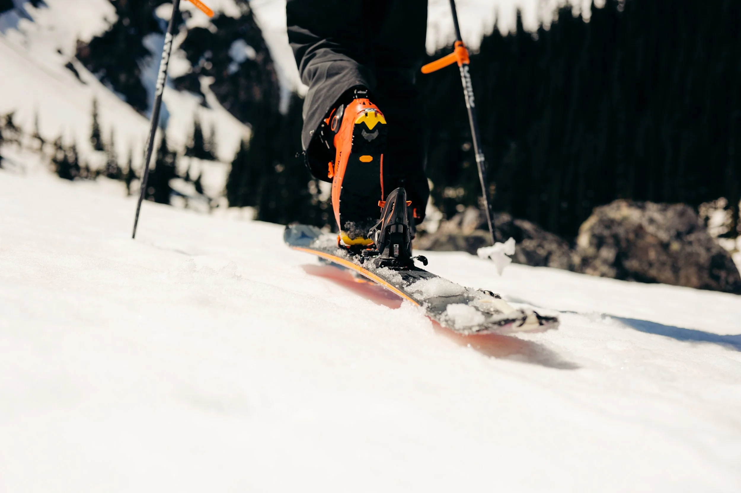 A person wearing black and orange ski boots, black pants, and holding ski poles, skiing on snow-covered terrain with trees and mountains in the background.