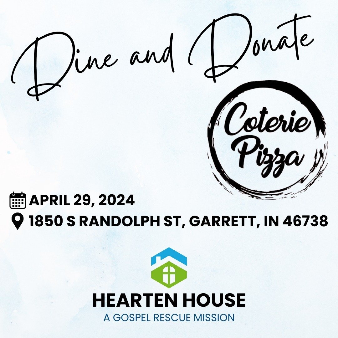 Save the date! Hearten House and Coterie Pizza are partnering to bring you a Dine and Donate event on April 29, 2024. 🍕

More information to follow.

Coterie Pizza will donate a portion of their proceeds on 4/29 to the Hearten House. 🍕

🕒11 a.m. -