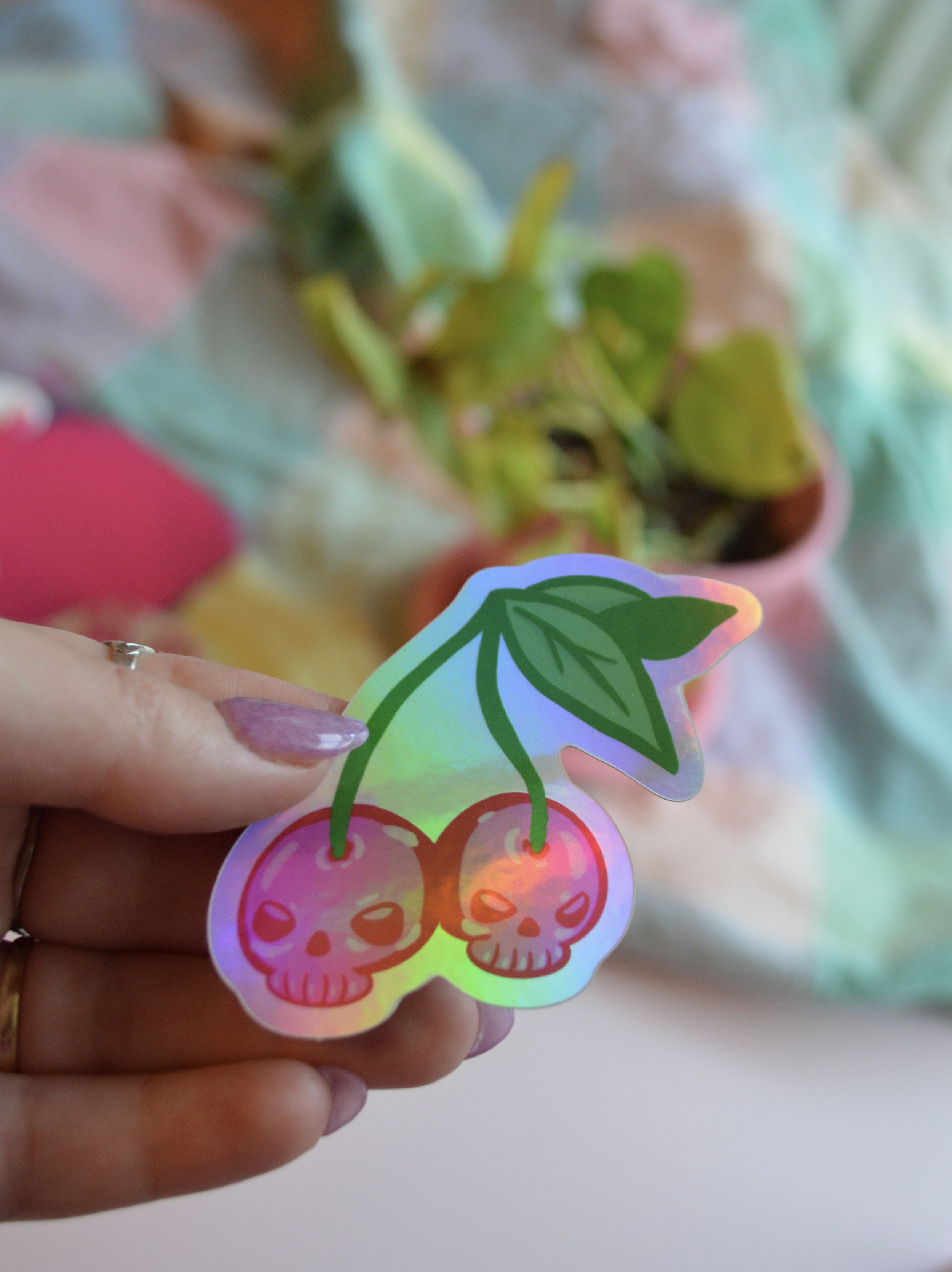 scary cherry holographic sticker