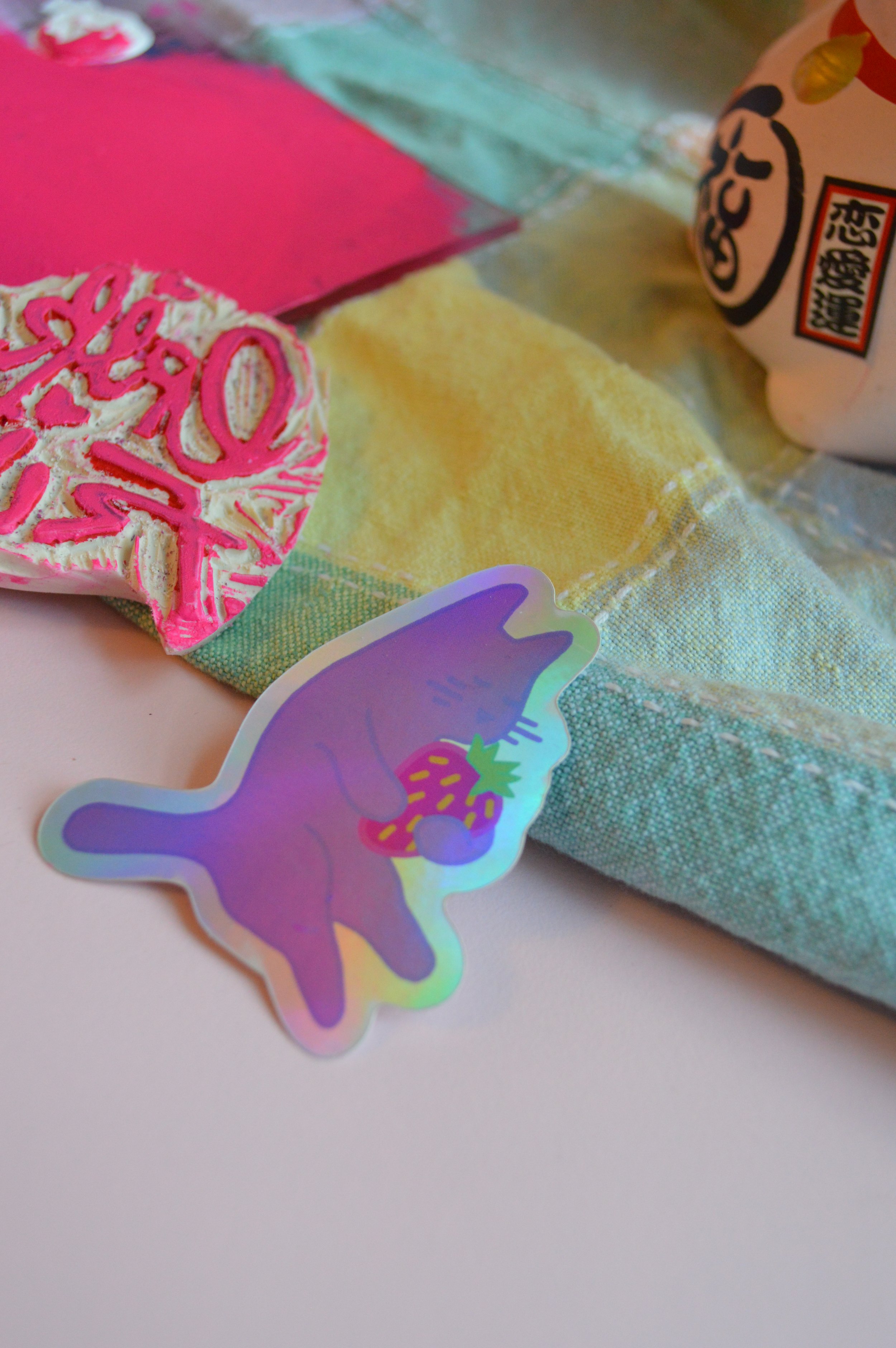 strawberry cat holographic sticker