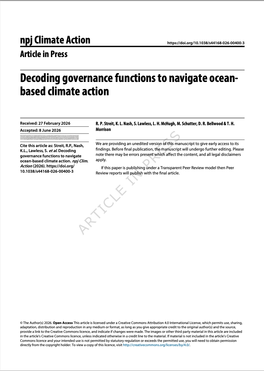 Decoding governance functions to navigate ocean-based climate actions