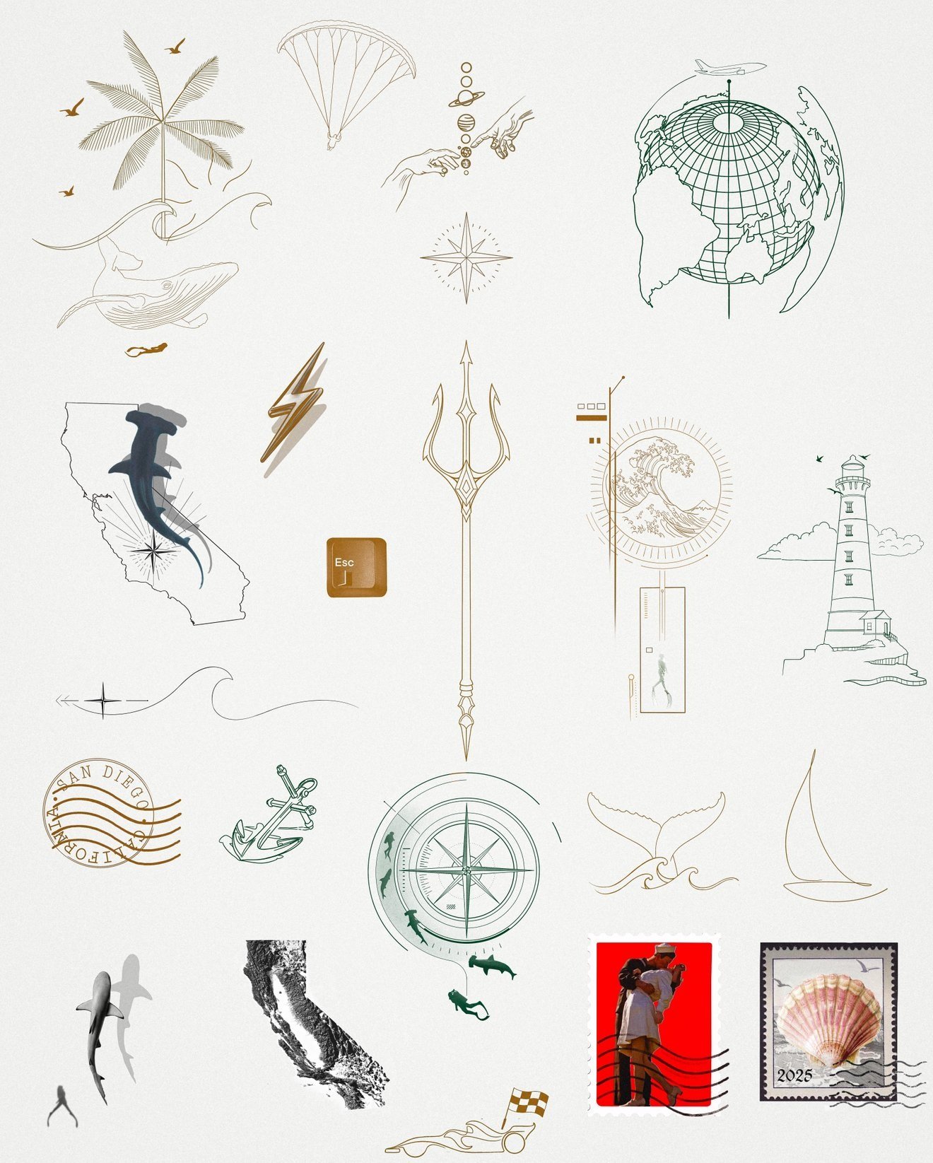 Collection of nautical, travel, and exploration-themed illustrations including a whale, dolphin, lighthouse, ship, map, compass, and stamps.